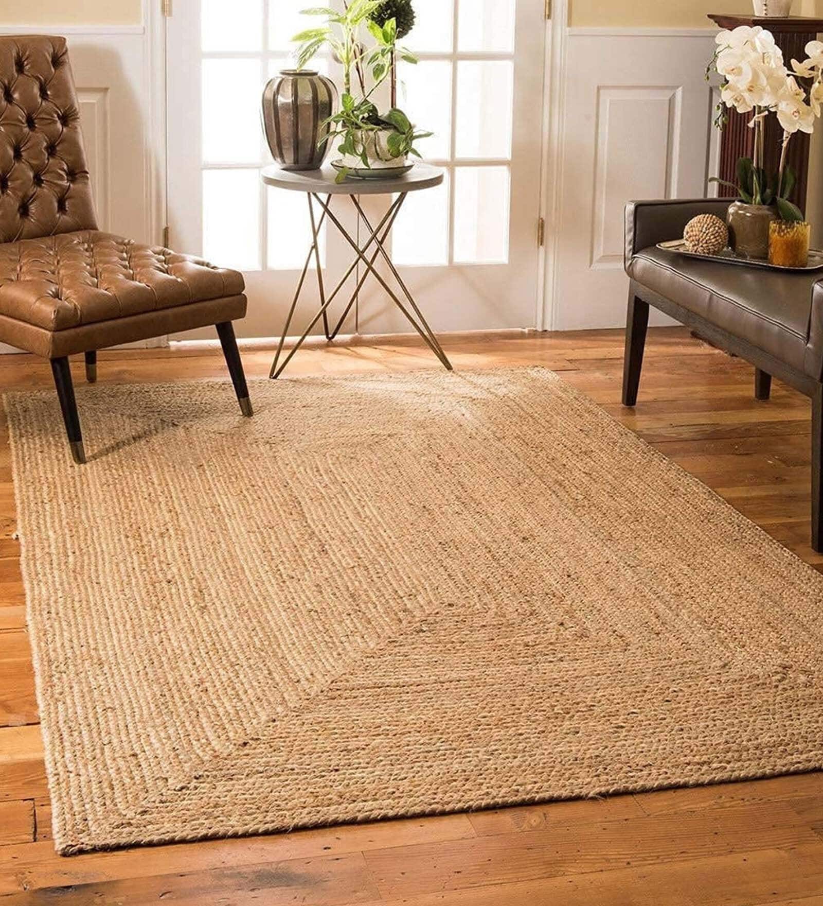 Beige Solid Jute 5 ft x 7 ft Hand Woven Carpet