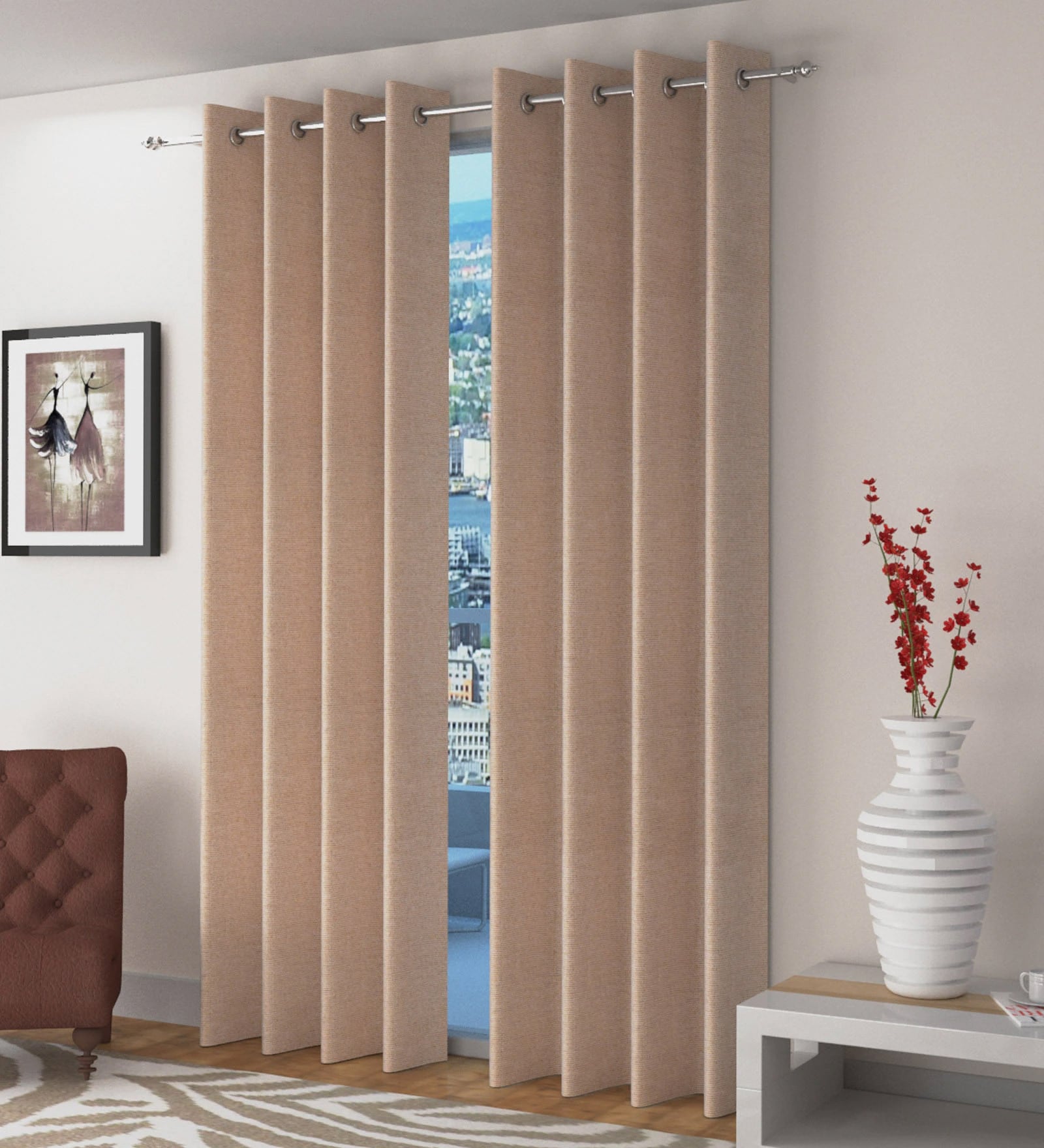 Beige Solid Jute 7 Ft Light Filtering Eyelet Door Curtain