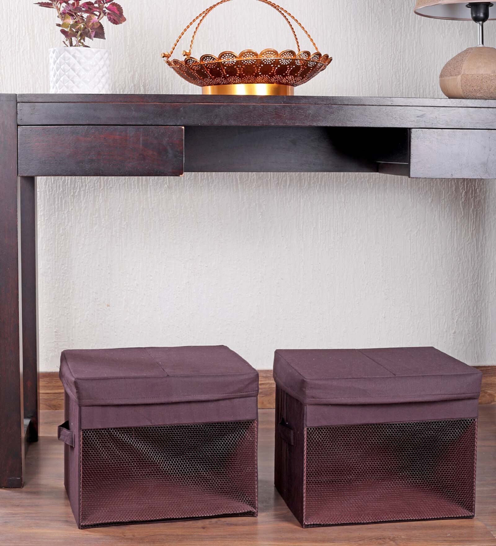 Brown Solid Linen Foldable Underbed Organiser Set Of 2