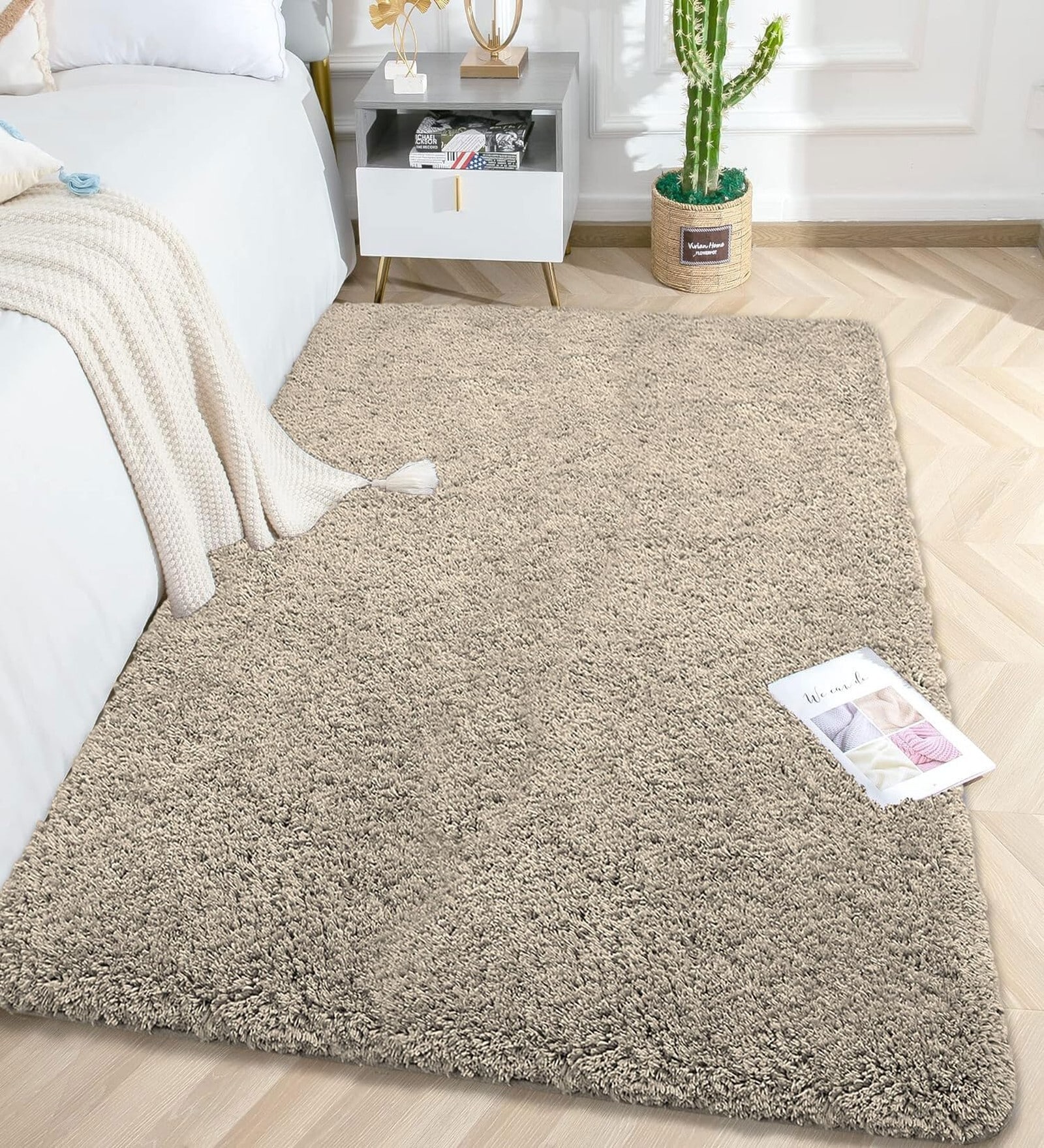 Beige Solid Microfiber 4 X 6 Feet Tufted Carpet