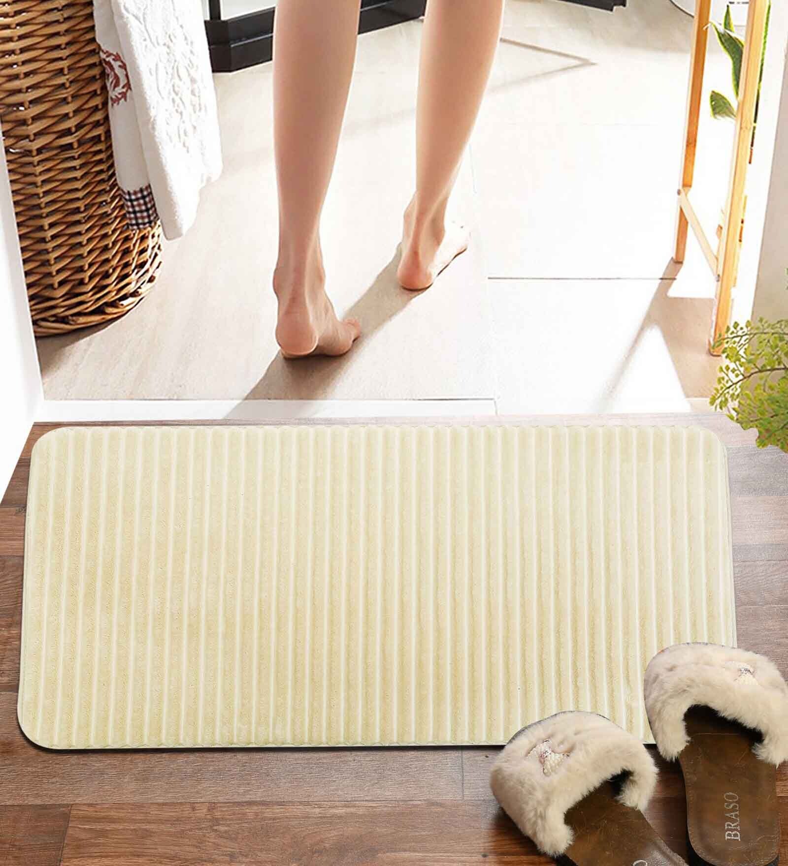 Beige Striped MicroFibre 15x10 Inches Antiskid Bath Mats