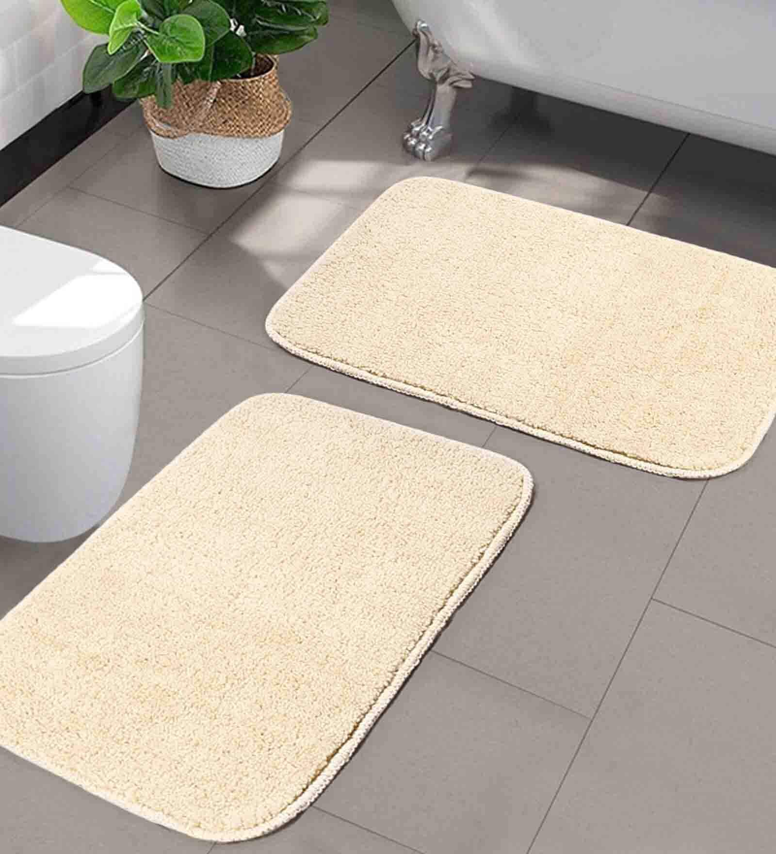 Beige Solid Microfibre 20x14 Inches AntiSkid Bath Mats (Set of 2)