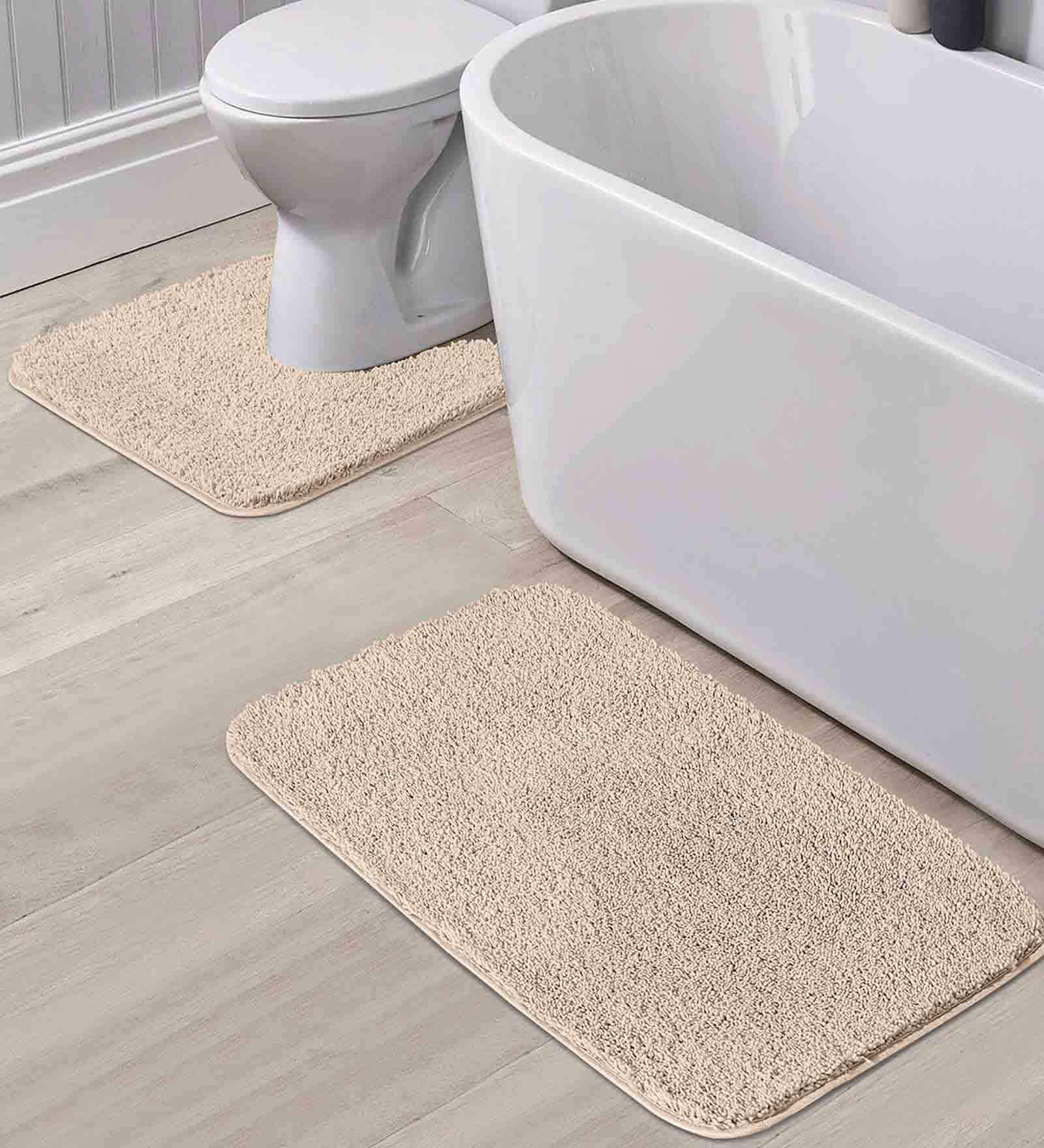 Beige Solid Polyester 28x20 Inches AntiSkid 1 Bathmat & 1 Contour Mat
