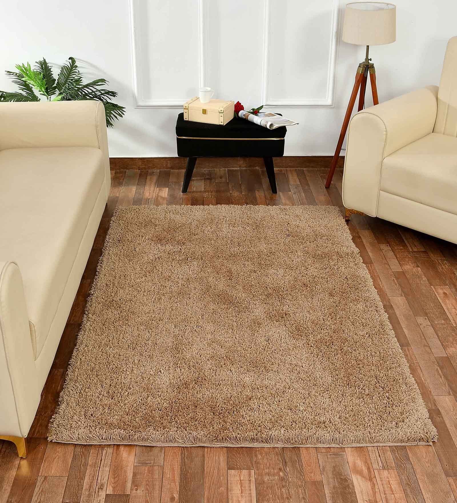 Beige Solid Polyester 3 ft x 5 ft Machine made Carpet