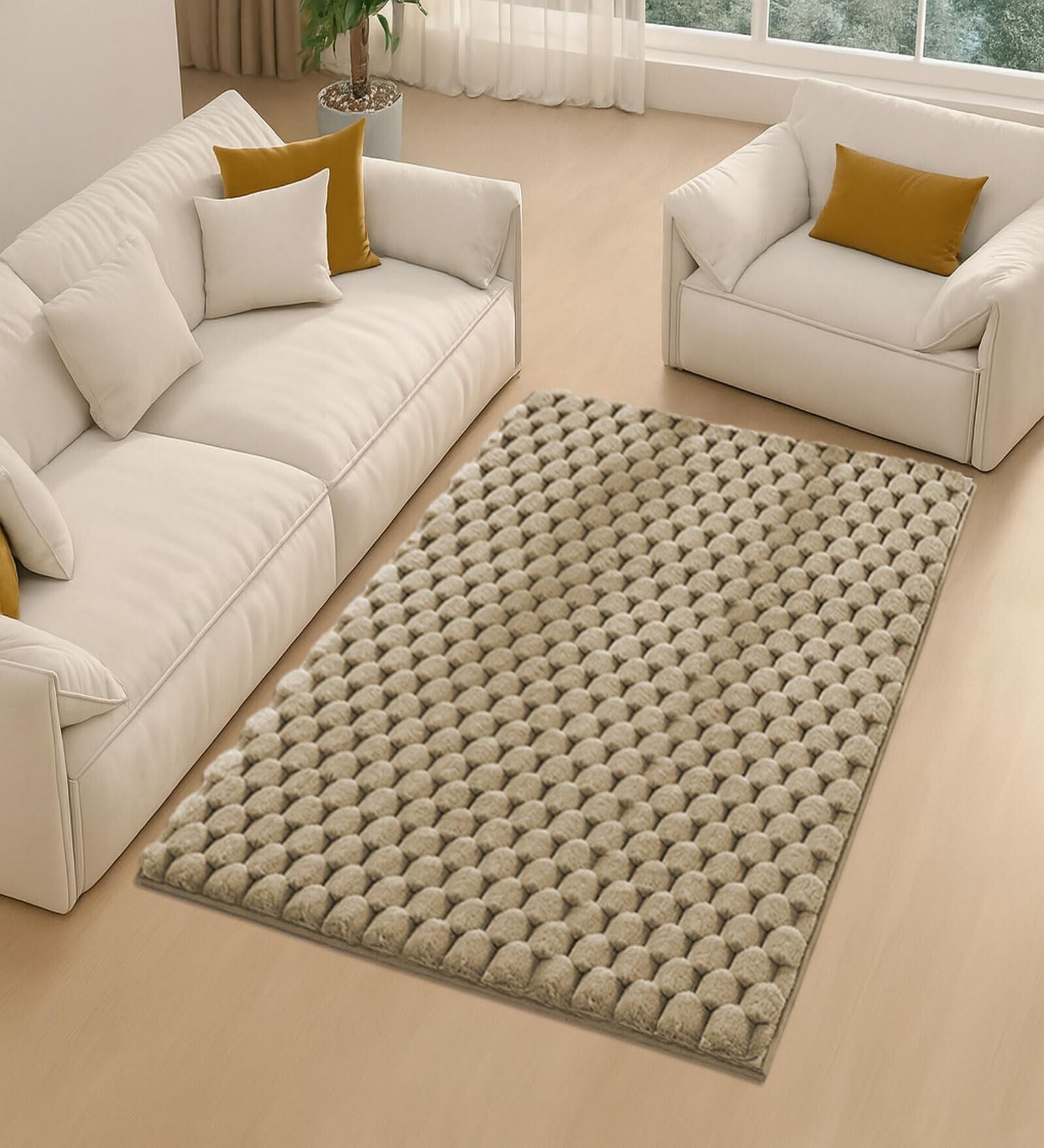 Beige Solid Polyester 3 X 5 Feet Turtle Fur Machine Made Carpet