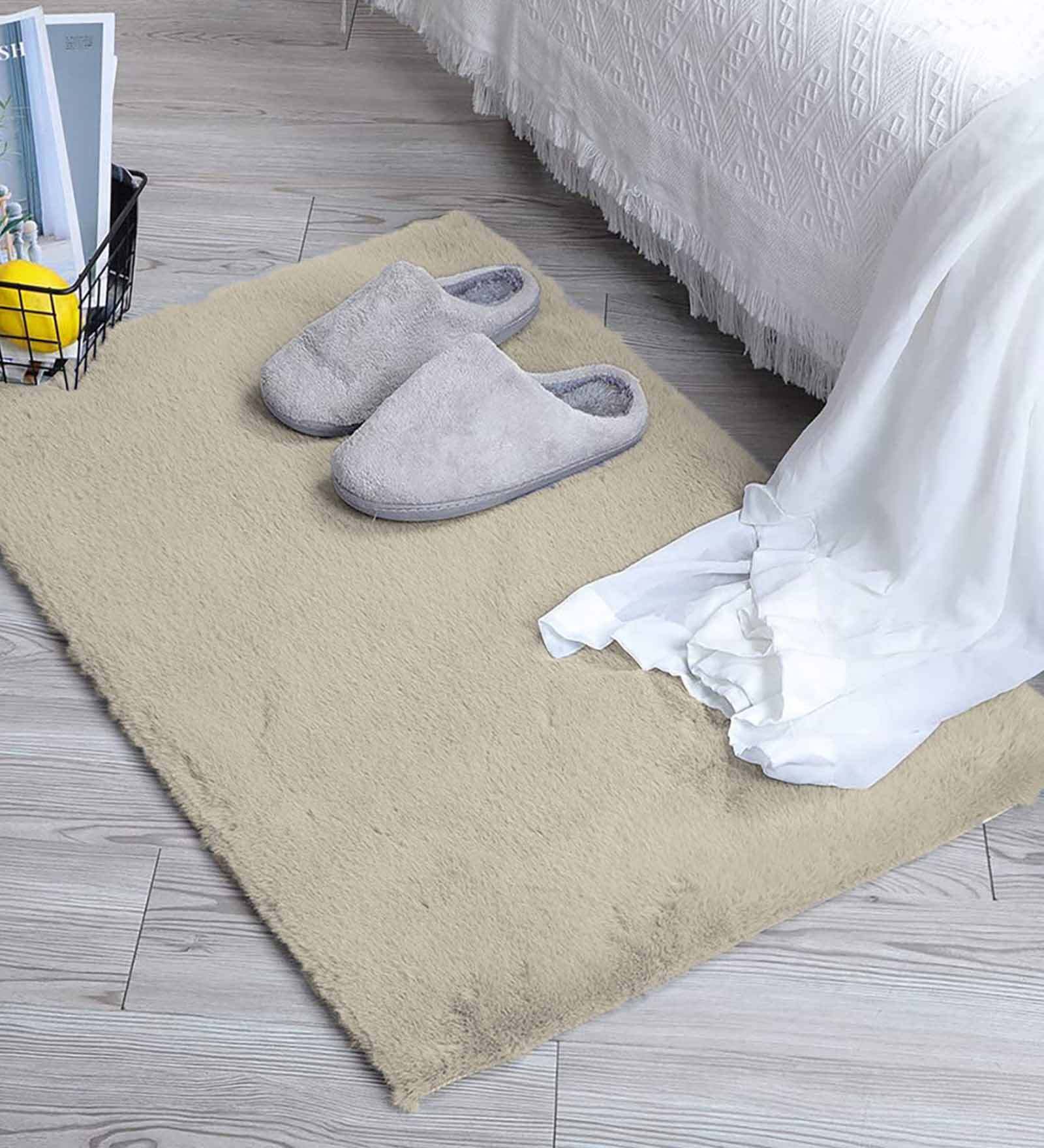 Beige Solid Polyester 30x18 Inches AntiSkid Bath Mat