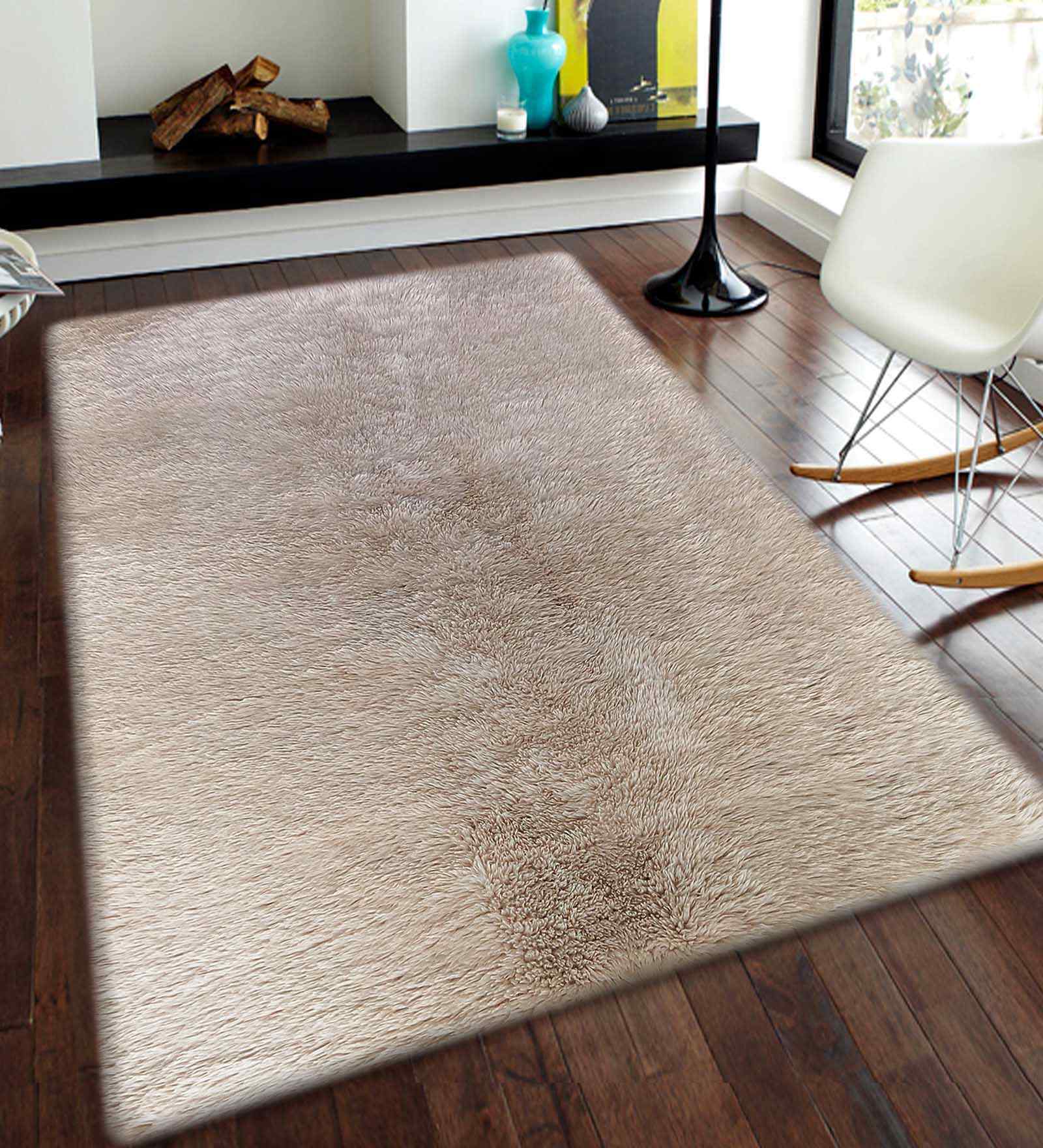 Beige Solid Polyester 5x8 Feet Machine Made Carpet