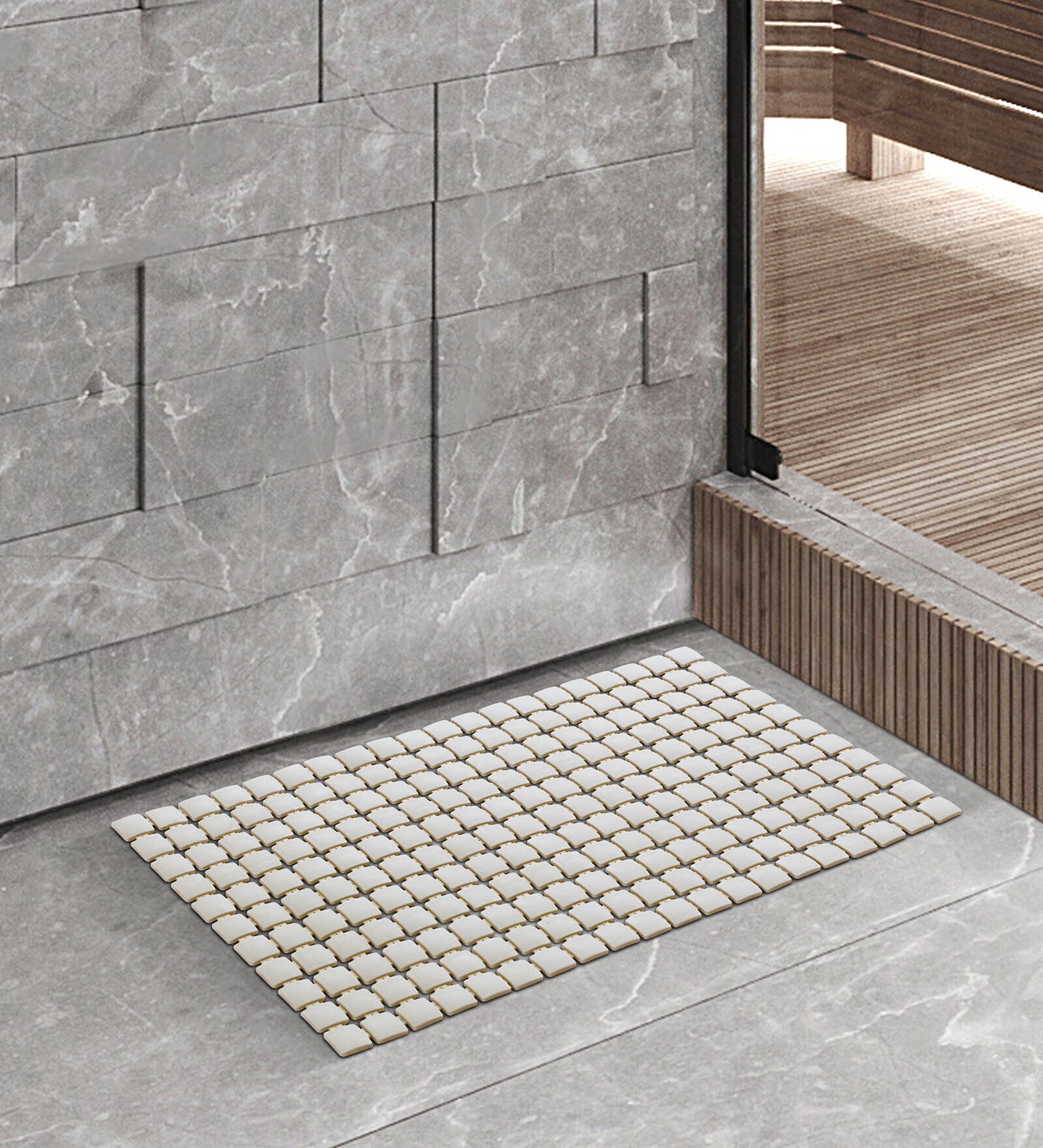 Beige Solid PVC 27x15 Inches Antiskid Shower Bath Mat