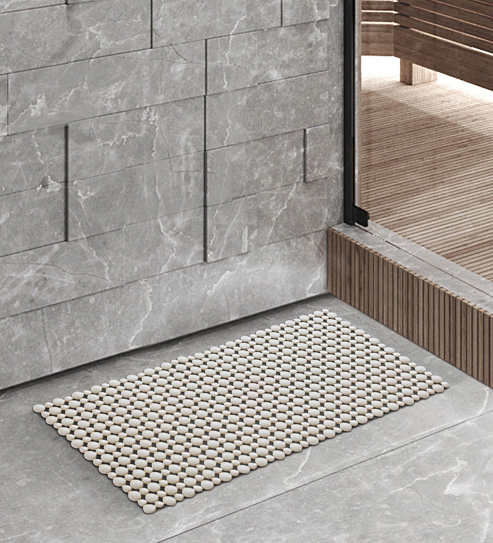 Beige Solid PVC 33x16 Inches Antiskid Shower Bath Mat