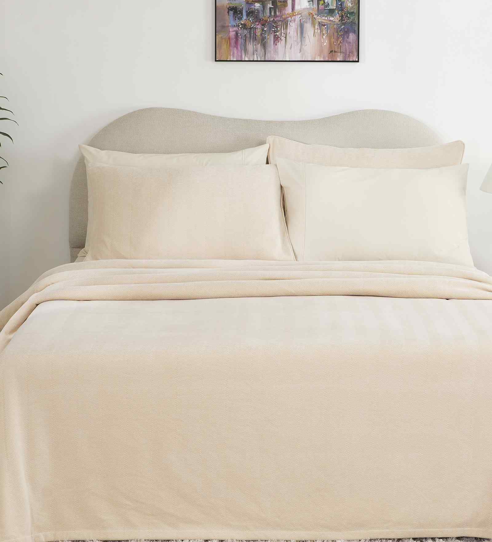 Beige Solid TC 325 Cotton Polyester Single Bed Bedcover