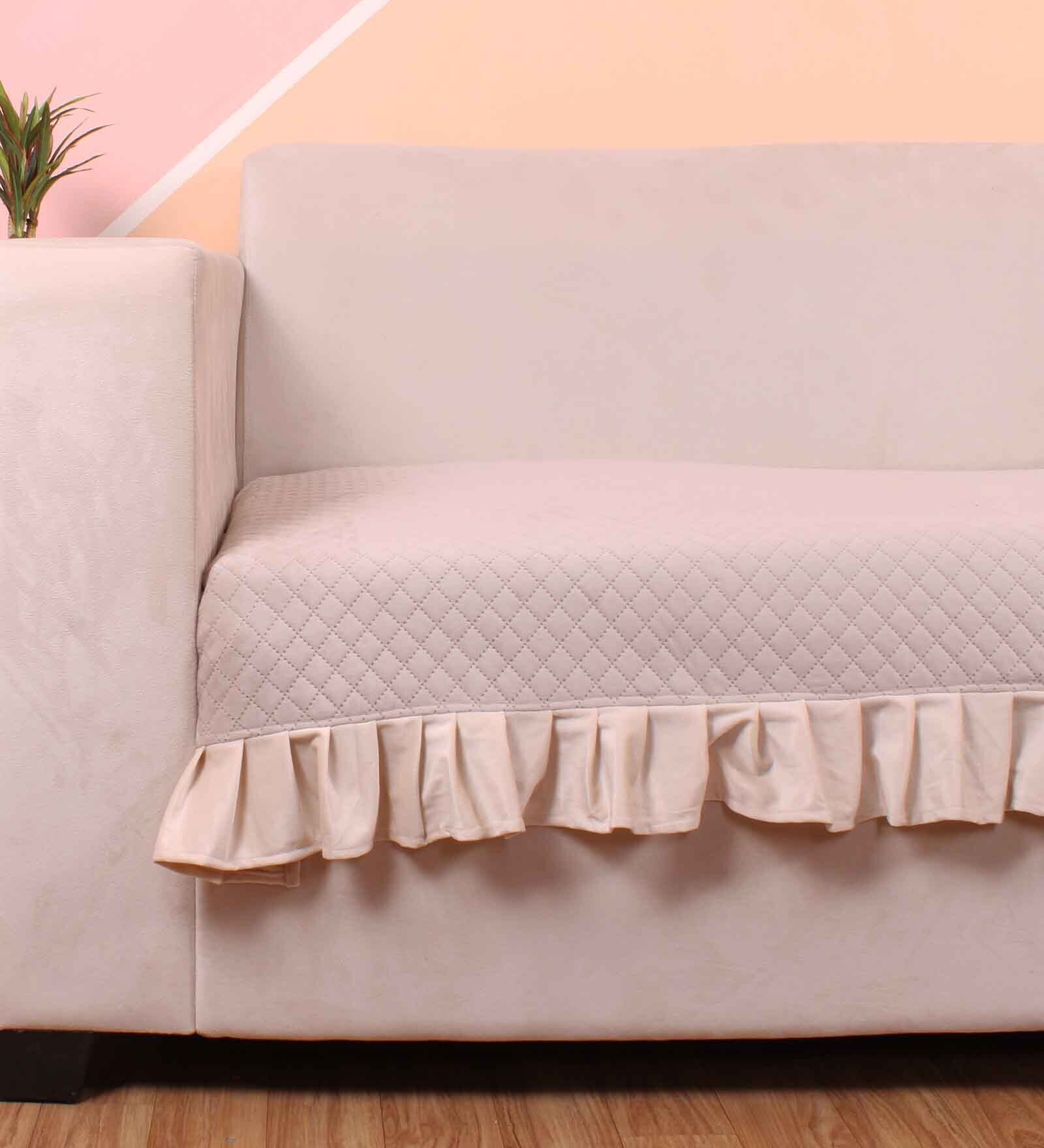 Beige Solid Velvet 1 Seater Quilted Sofa Cover (Protector) with Frill