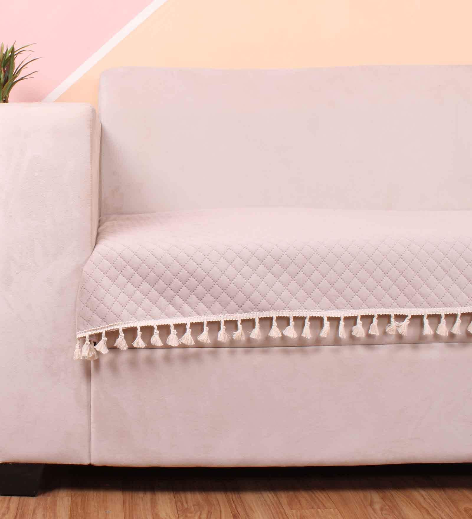 Beige Solid Velvet 1 Seater Quilted Sofa Cover (Protector) with Tassel