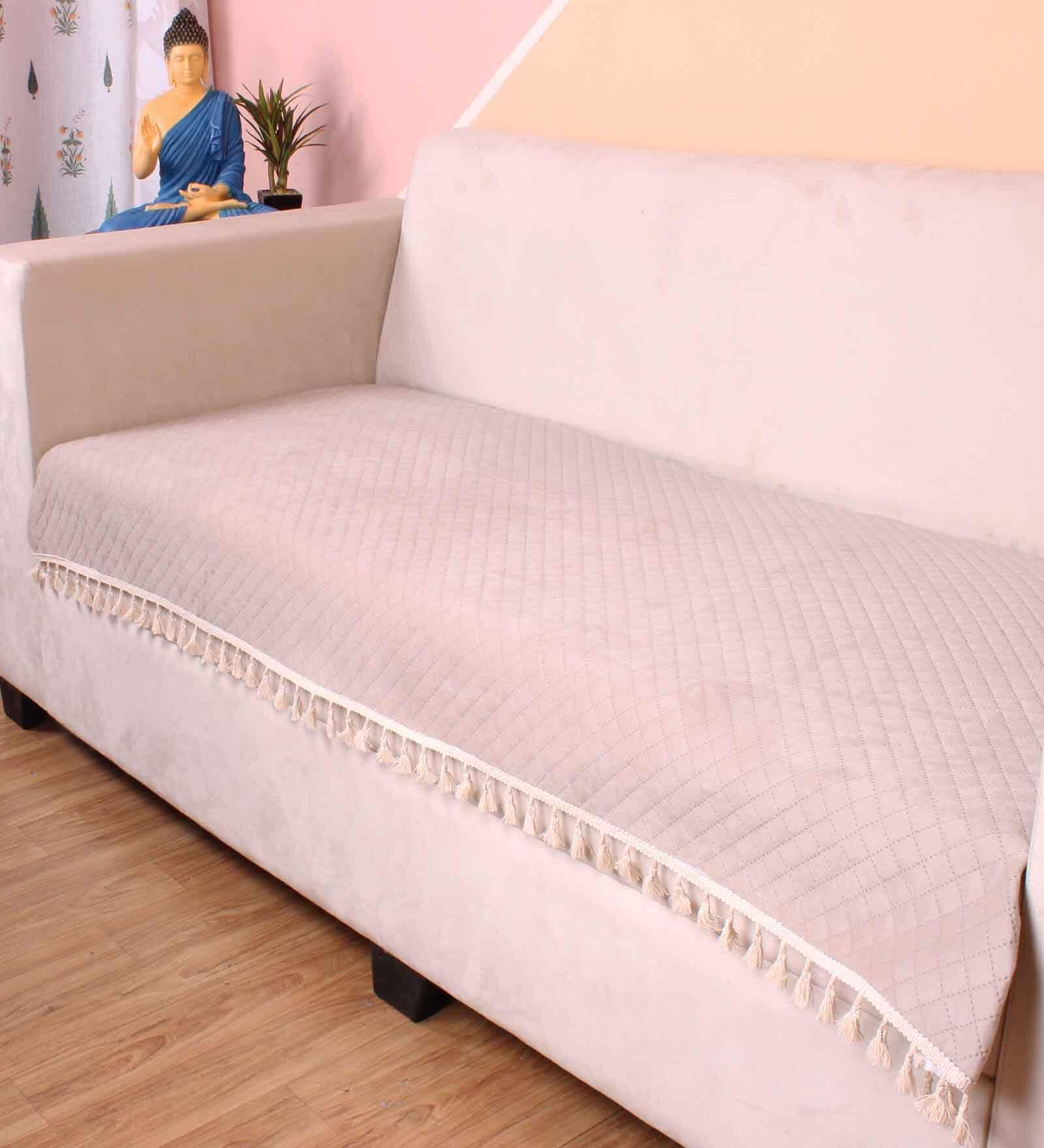 Beige Solid Velvet 2 Seater Quilted Sofa Cover (Protector) with Tassel