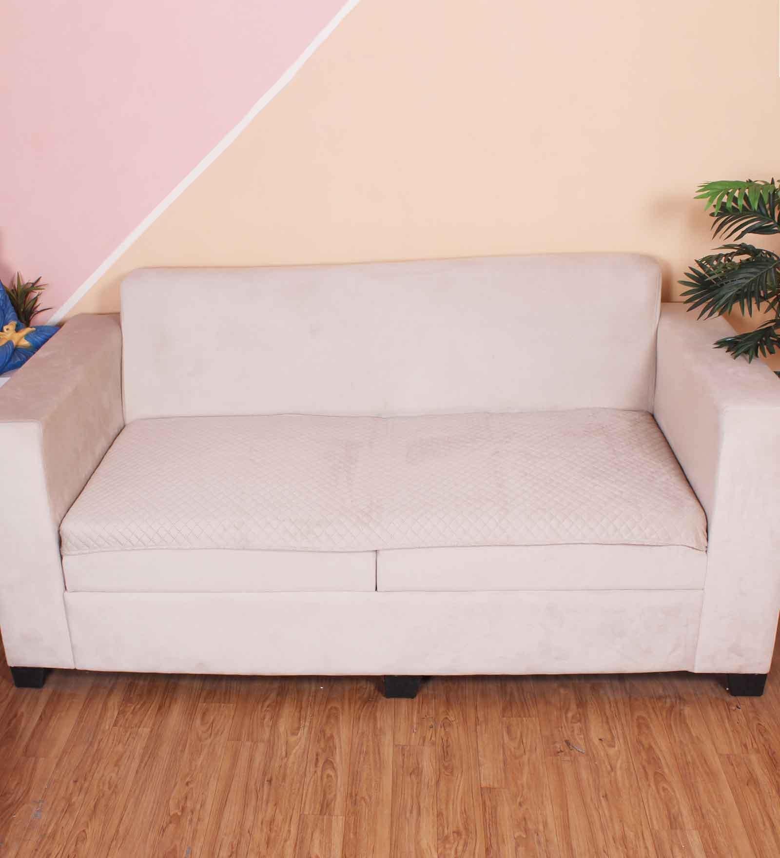 Beige Solid Velvet 3 Seater Quilted Sofa Cover (Protector)