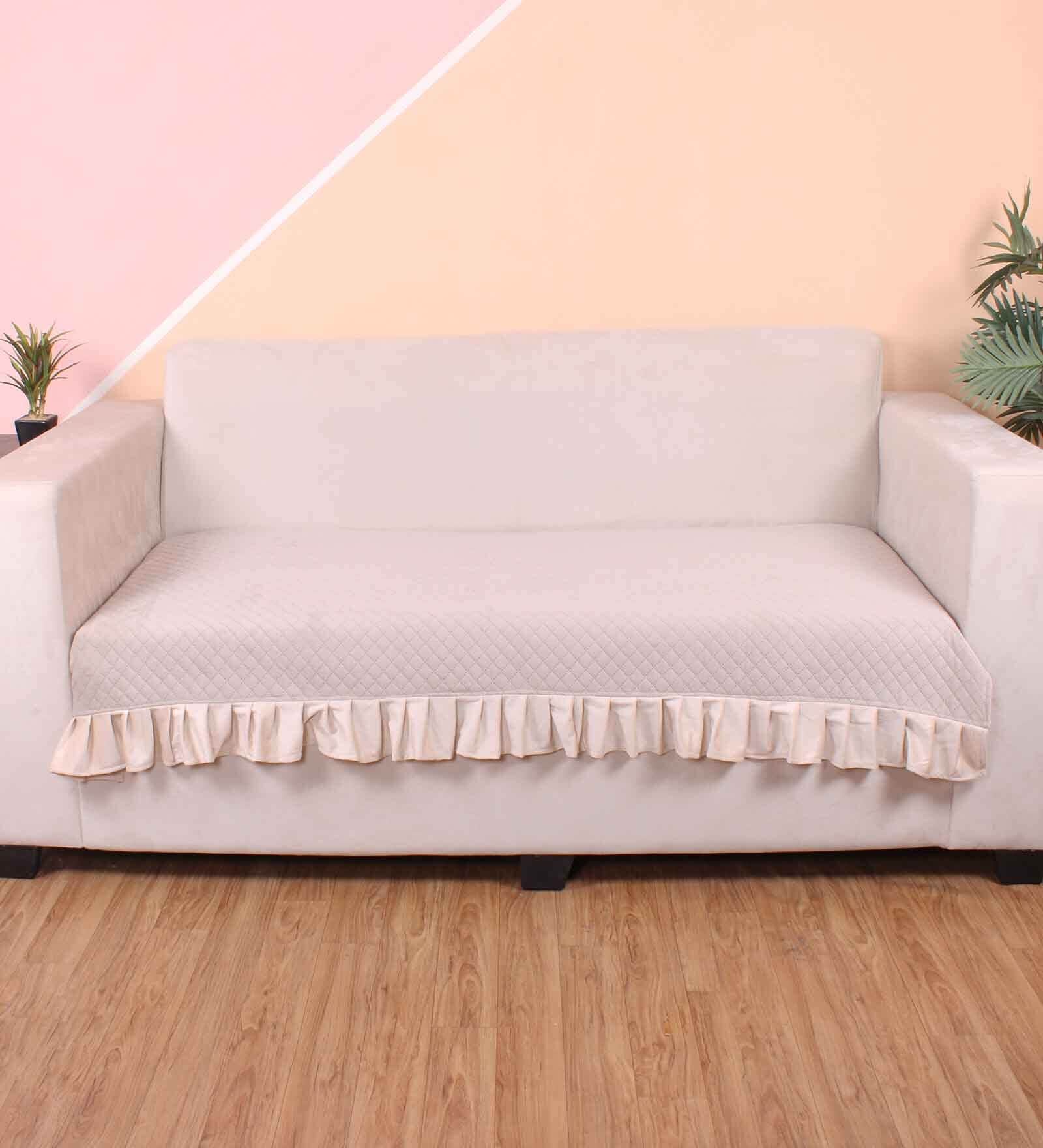 Beige Solid Velvet 3 Seater Quilted Sofa Cover (Protector) with Frill