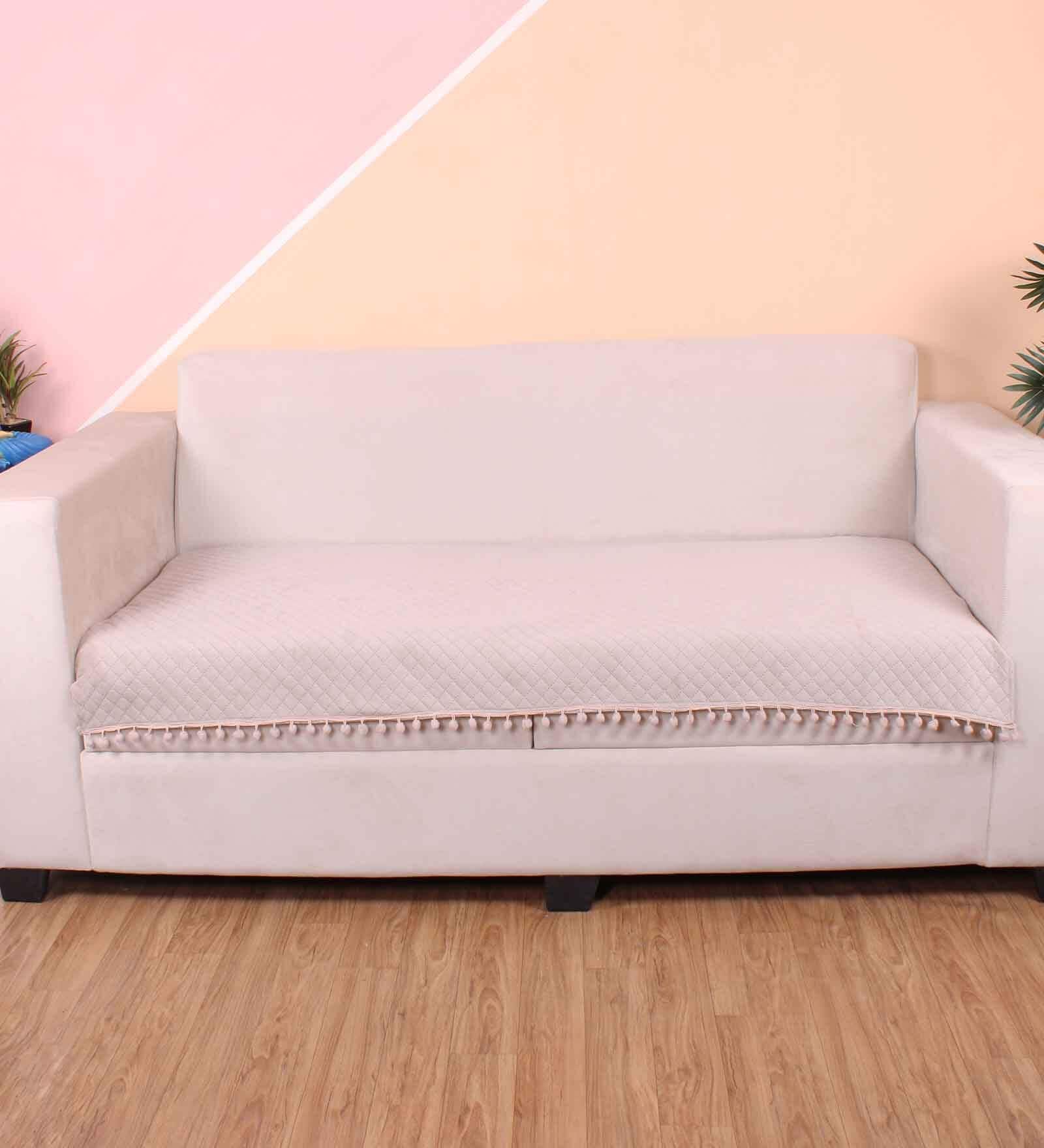 Beige Solid Velvet 3 Seater Quilted Sofa Cover (Protector) with Pompom