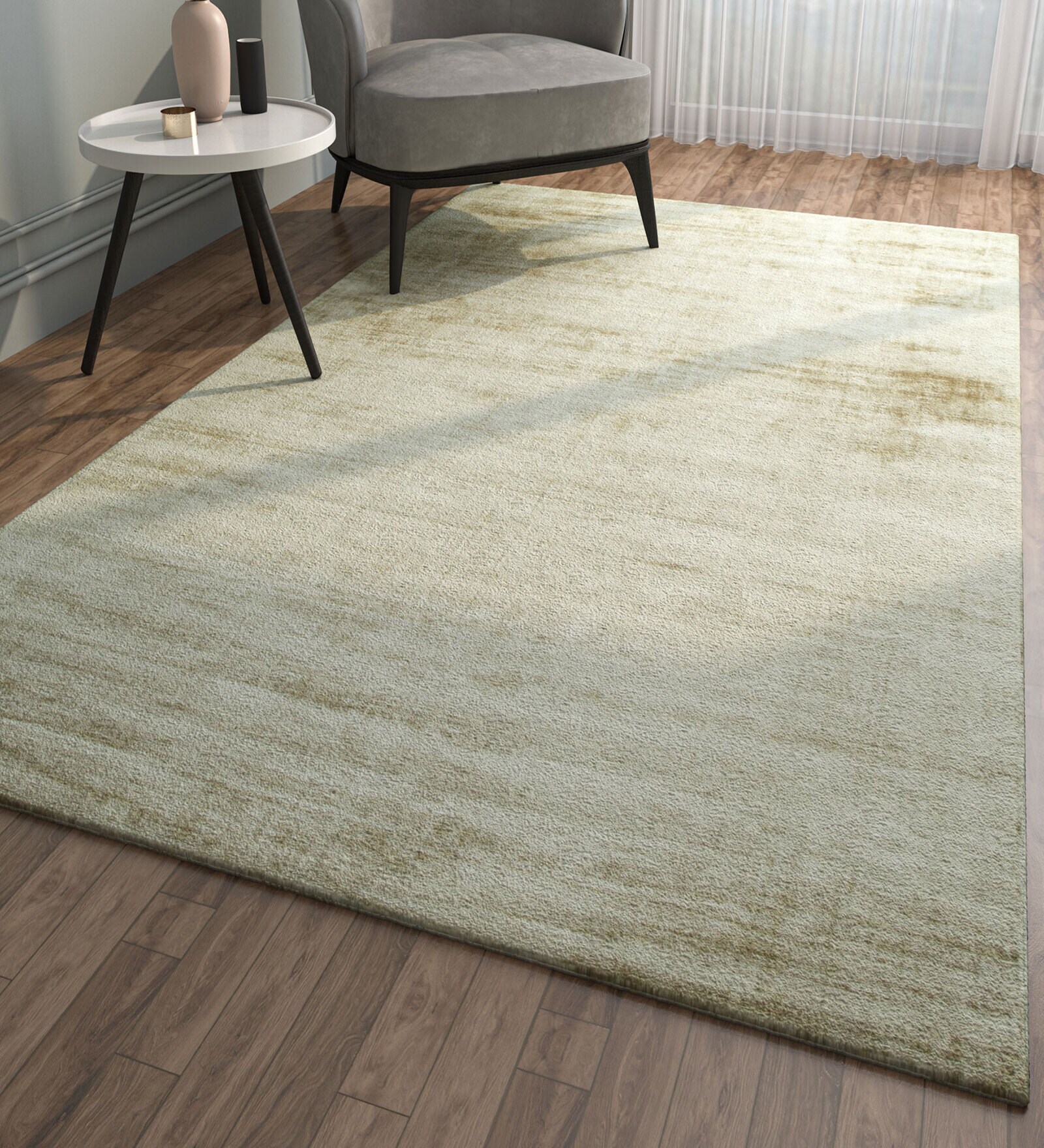 Beige Solid Viscose 6 ft X 9 ft Hand Woven Rectangle Carpet