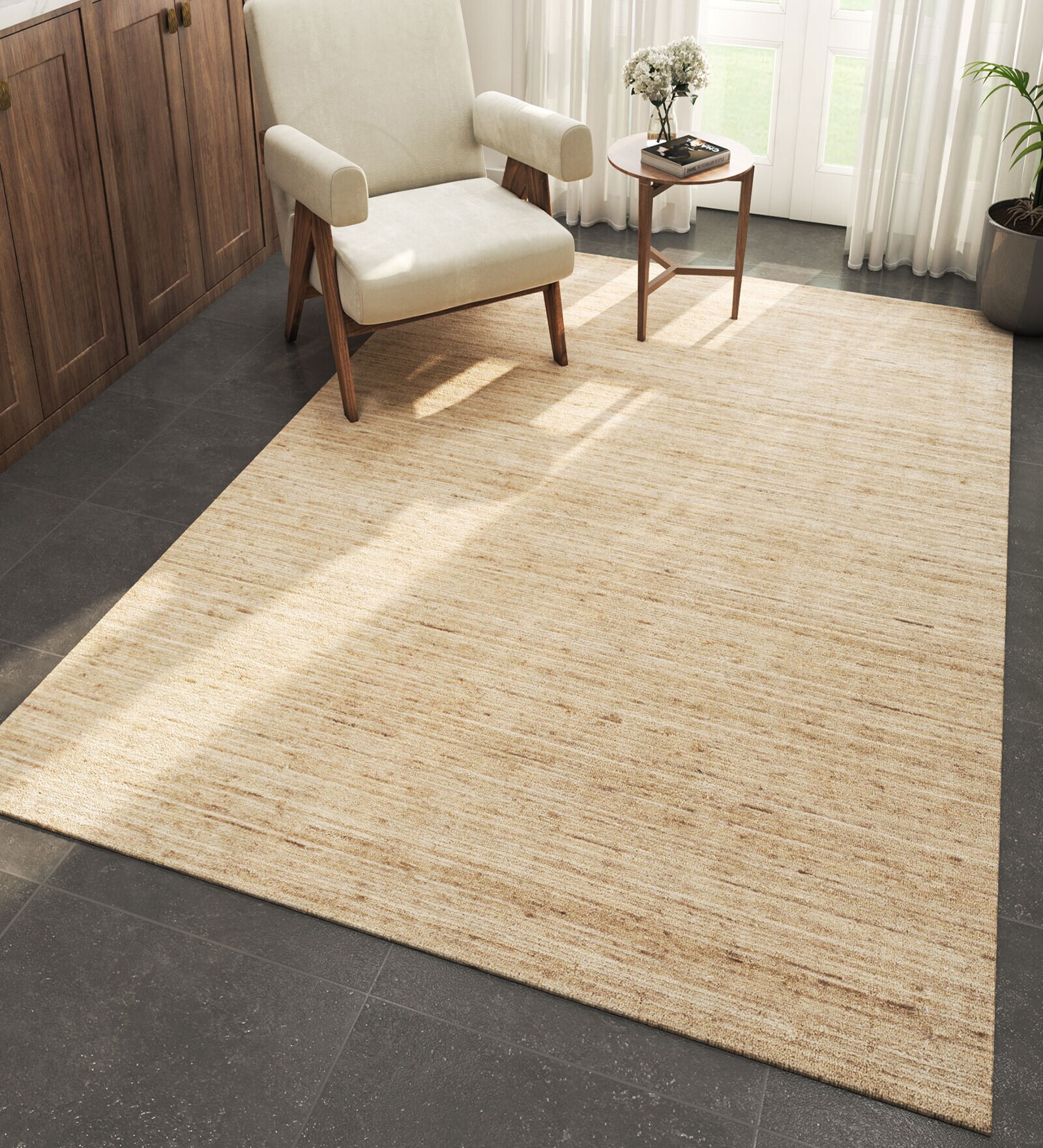 Beige Solid Wool 6 ft X 9 ft Hand Woven Carpet