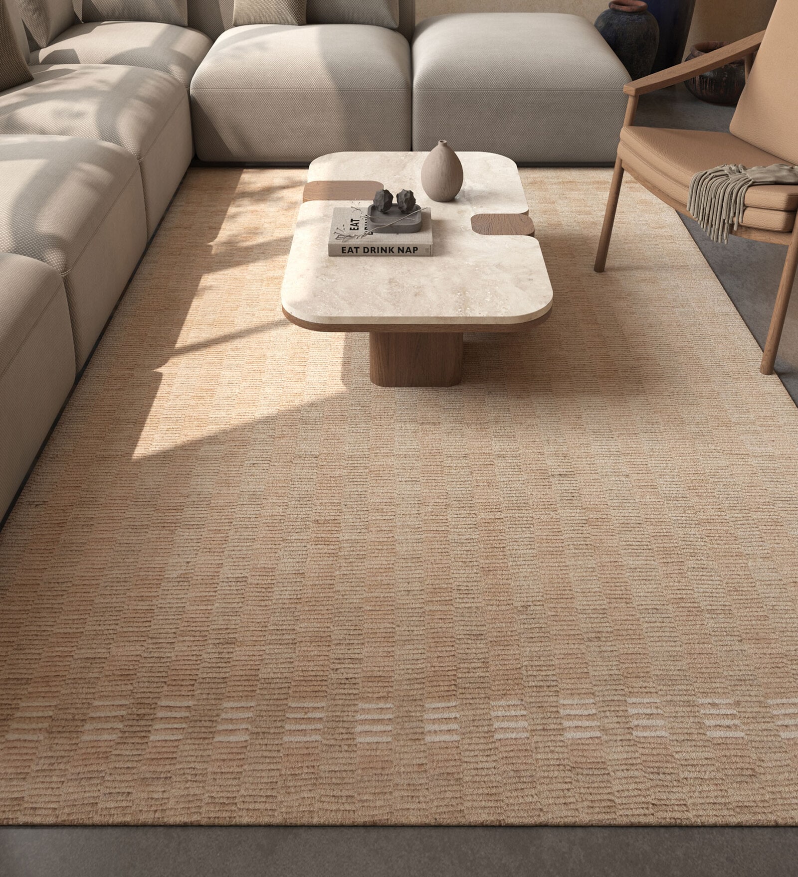 Beige Solid Wool 6 ft X 9 ft Hand Woven Carpet