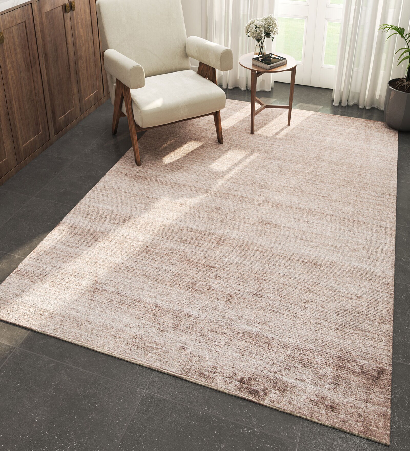 Beige Solid Wool and Bamboo Silk 5 ft X 8 ft Hand Woven Carpet