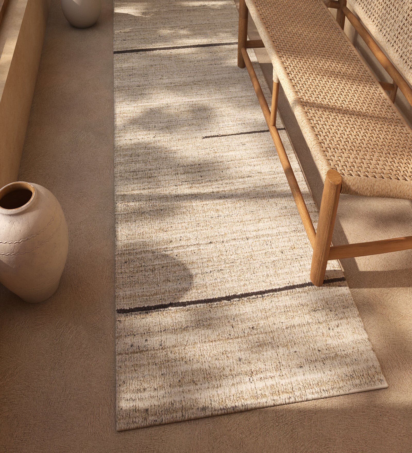 Beige Solid Wool and Viscose 2'6 ft X 9 ft Hand Woven Runner
