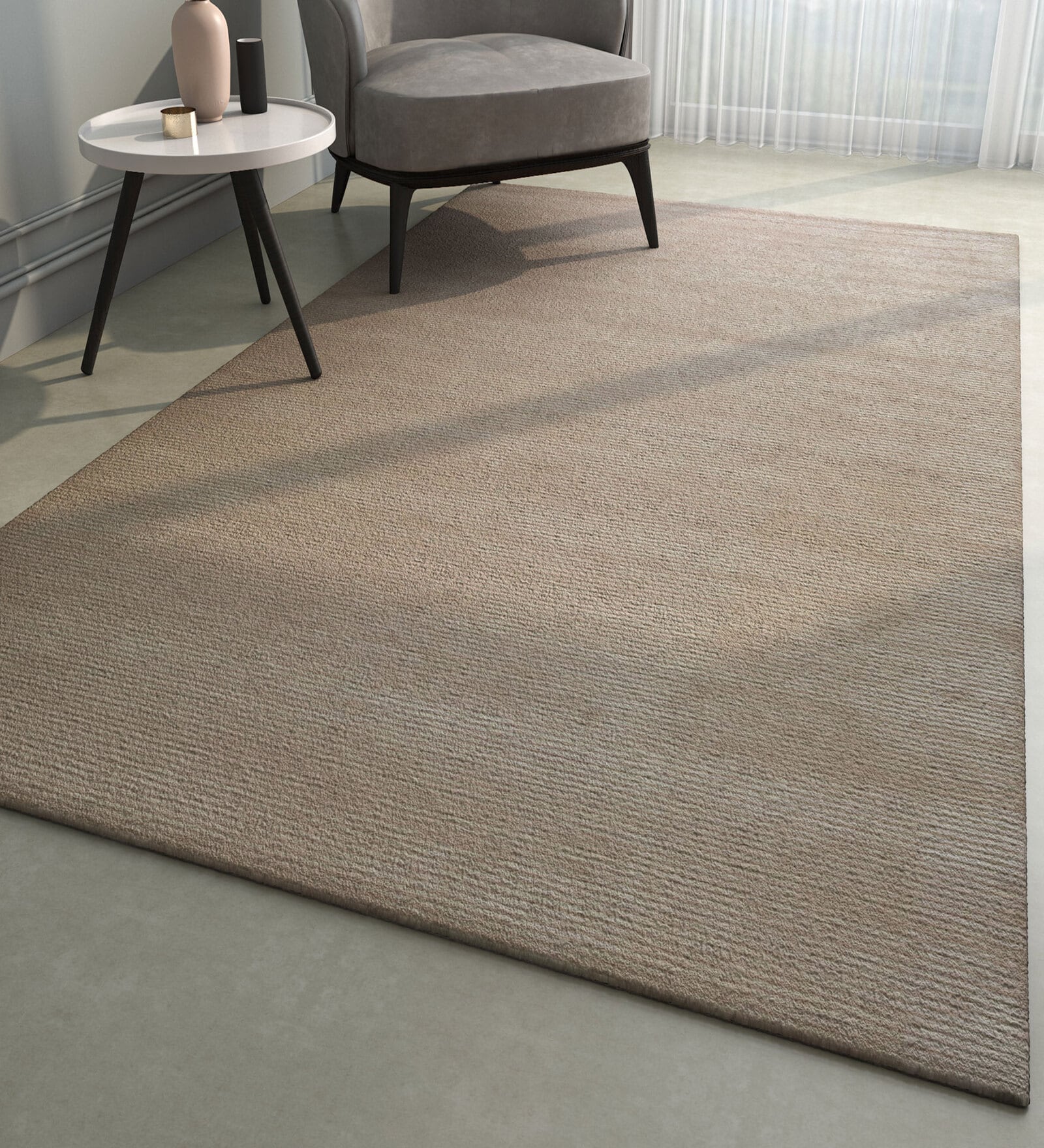 Beige Solid Wool and Viscose 5 ft X 8 ft Hand Woven Carpet