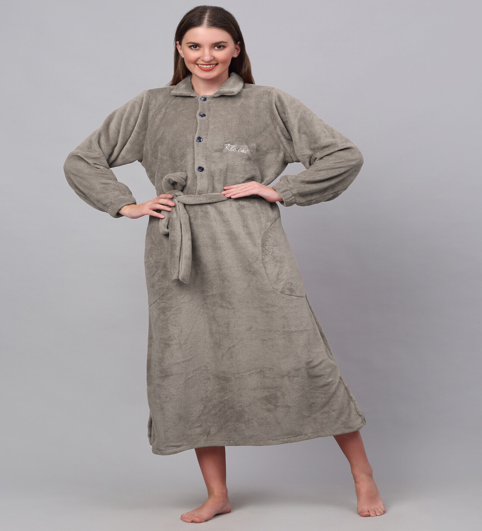 Beige Solid Woolen Women Bath Robe With Belt (L)