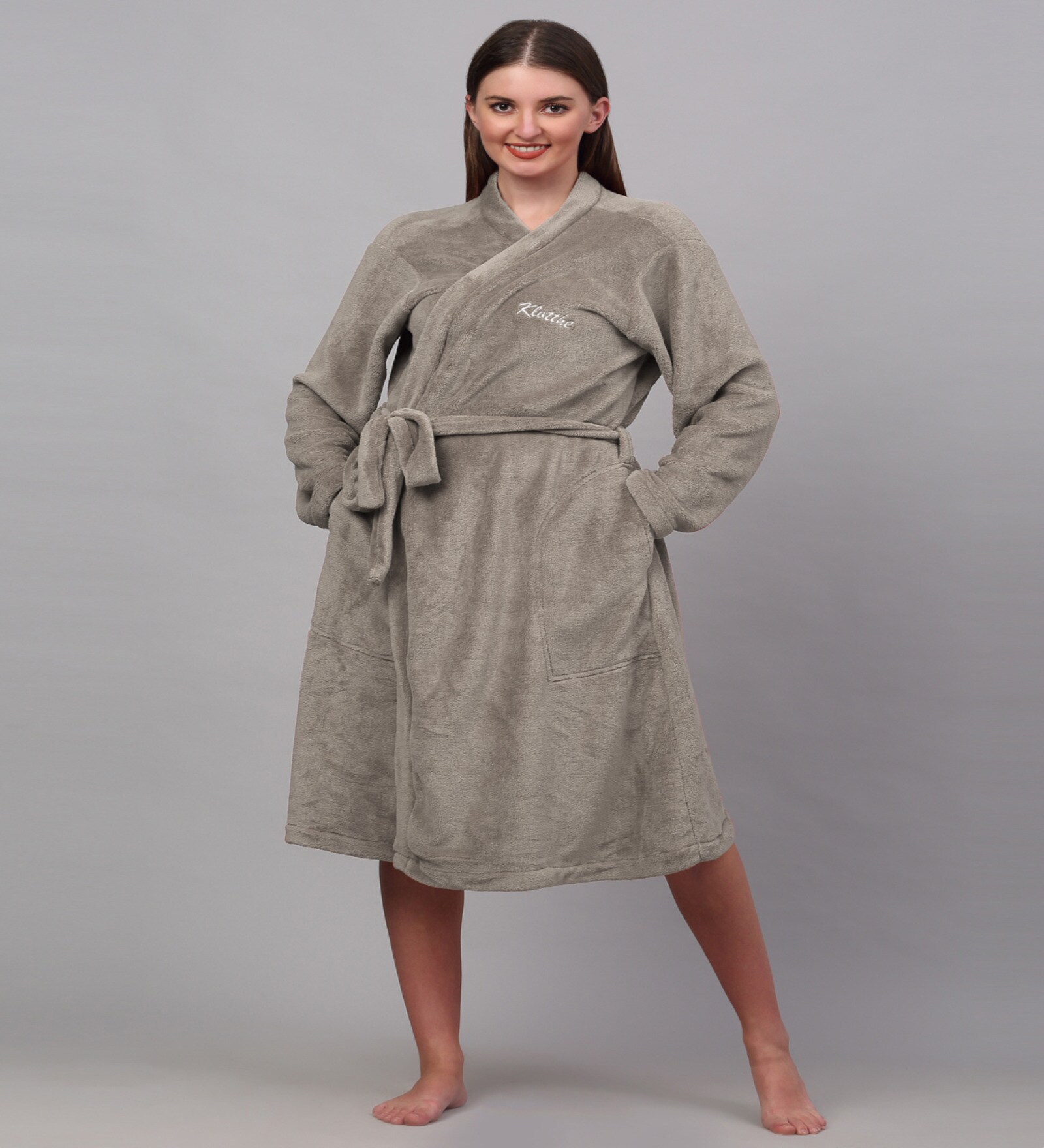 Beige Solid Woolen Women Bath Robe With Belt (L)
