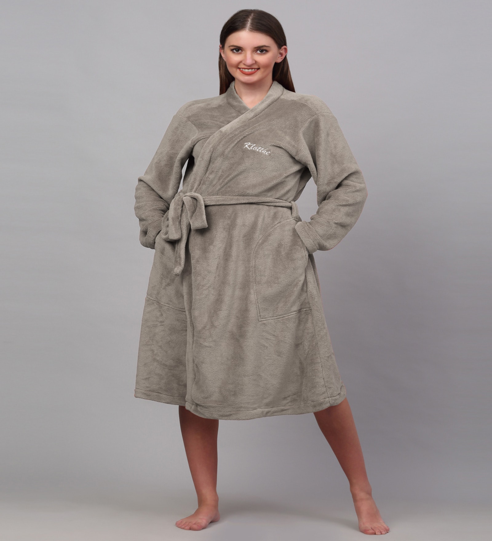 Beige Solid Woolen Women Bath Robe With Belt (M)