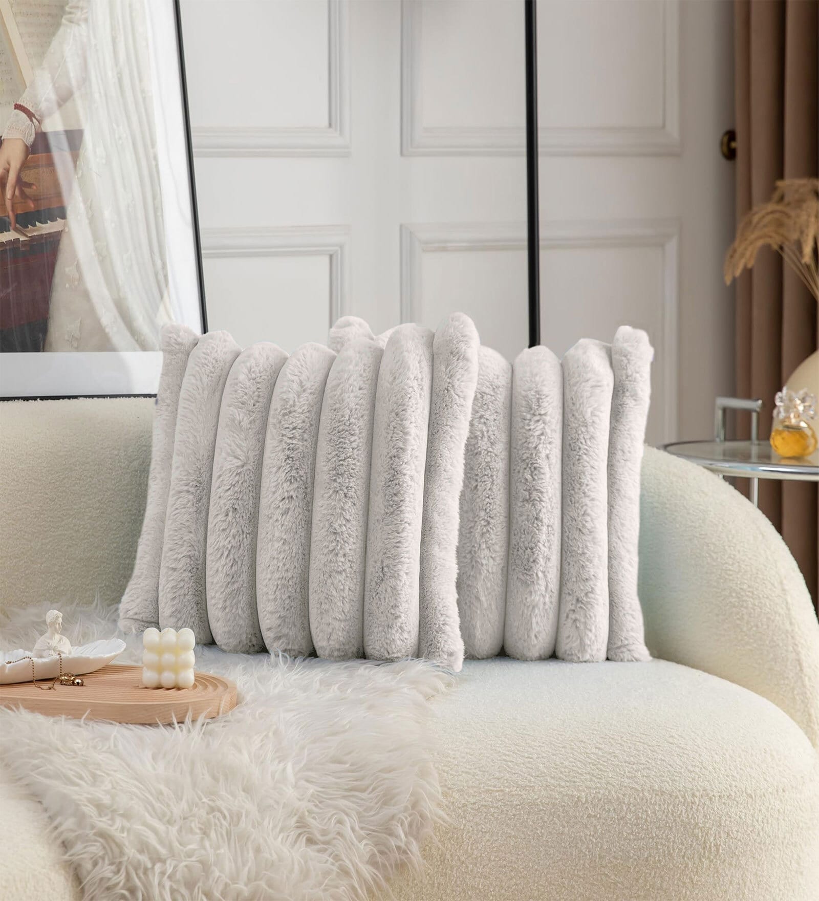 Beige Striped 170 TC Polyester 2 Cushion Cover