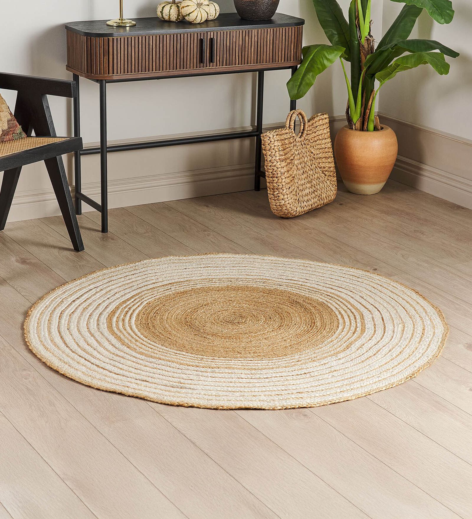 Beige Striped Jute 3 Ft X 3 Ft Hand Woven Dhurrie