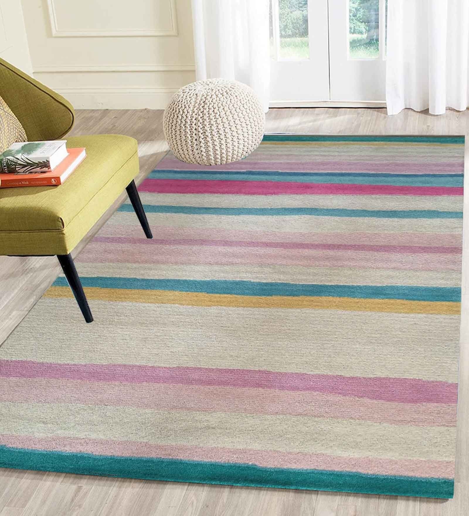 Beige Stripes Wool 4 ft x 6 ft Hand Tufted Carpet