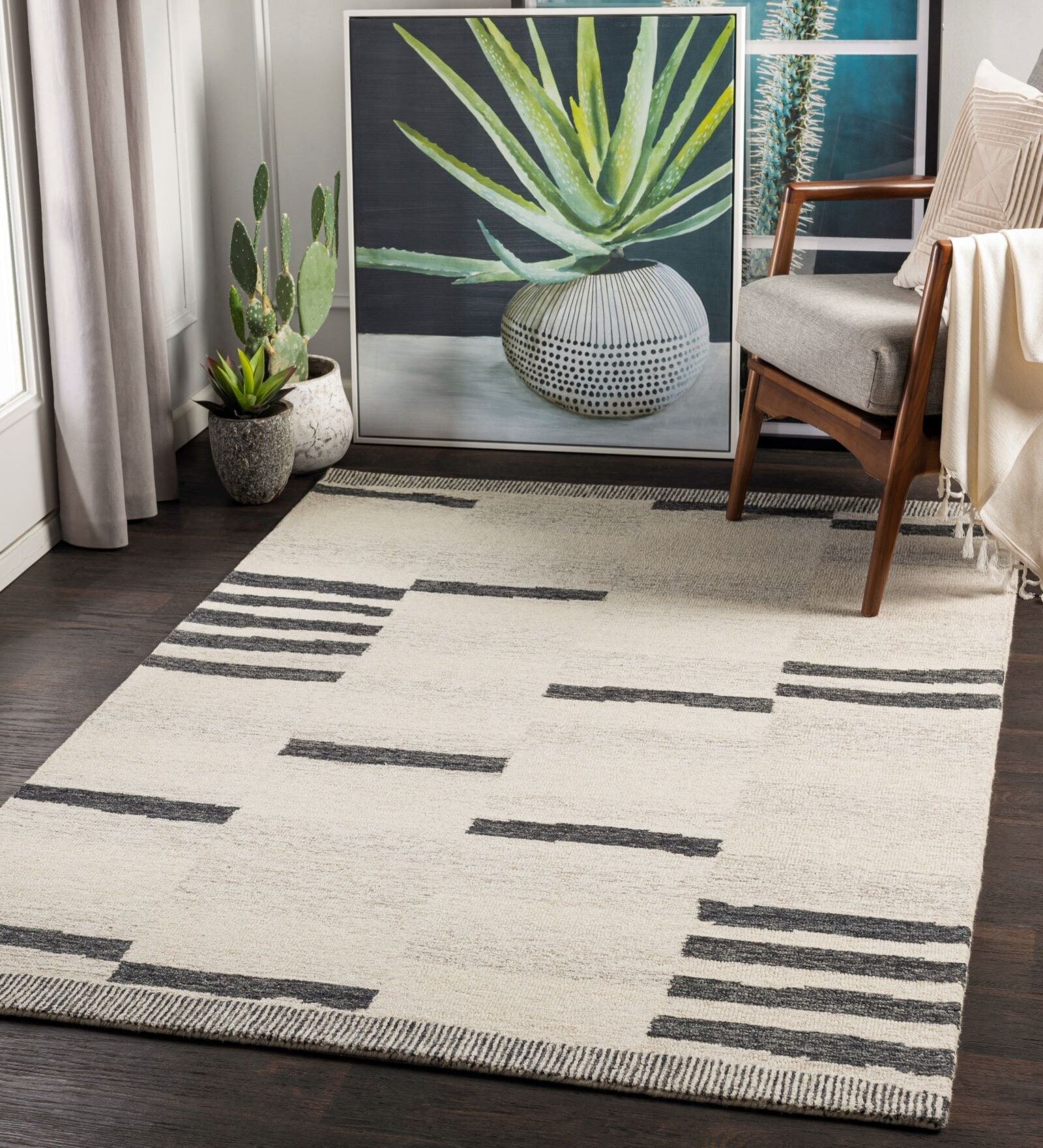 Beige Stripes Wool 5 ft x 7 ft Hand tufted Carpet