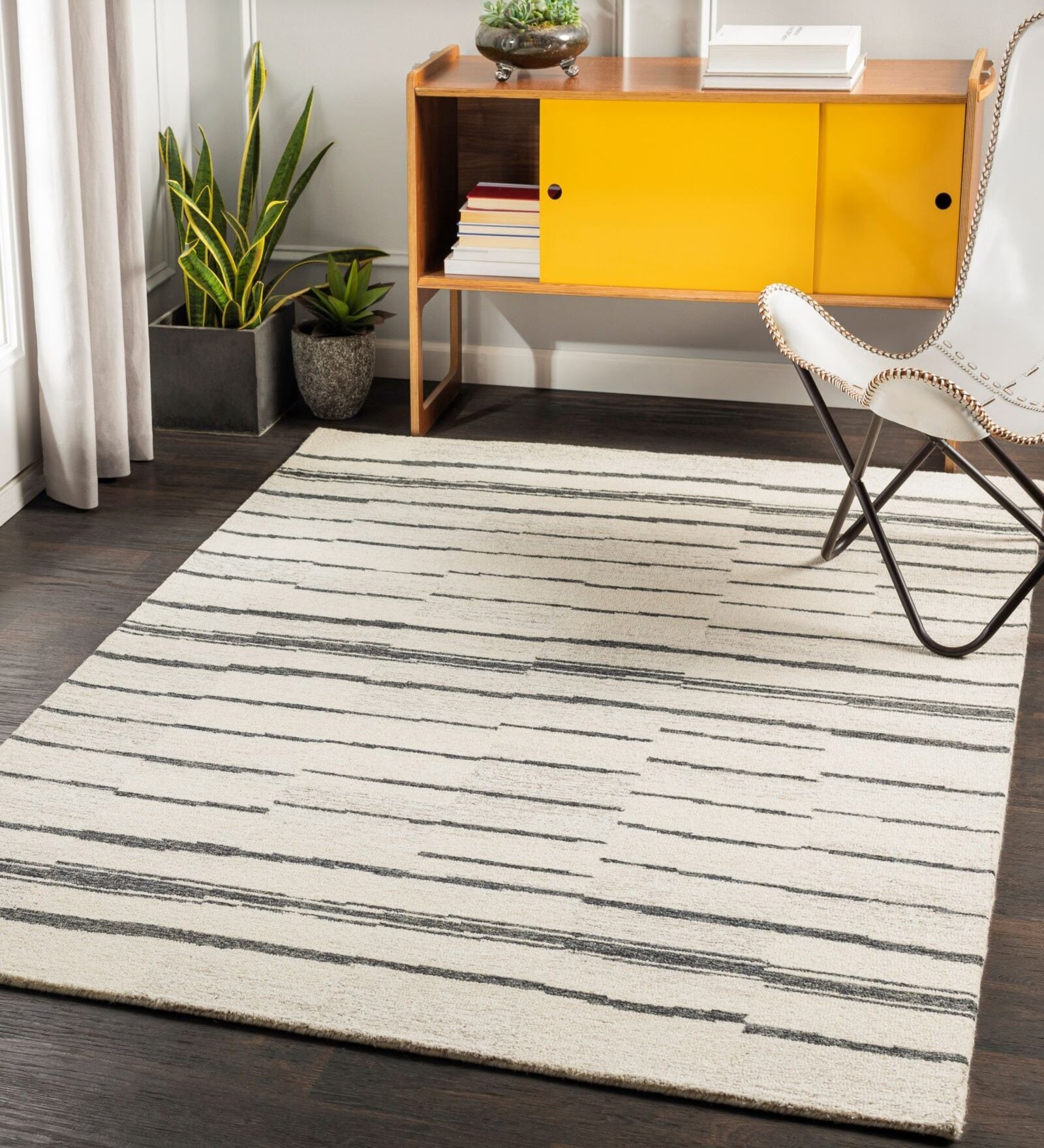 Beige Stripes Wool 8 ft x 10 ft Hand tufted Carpet