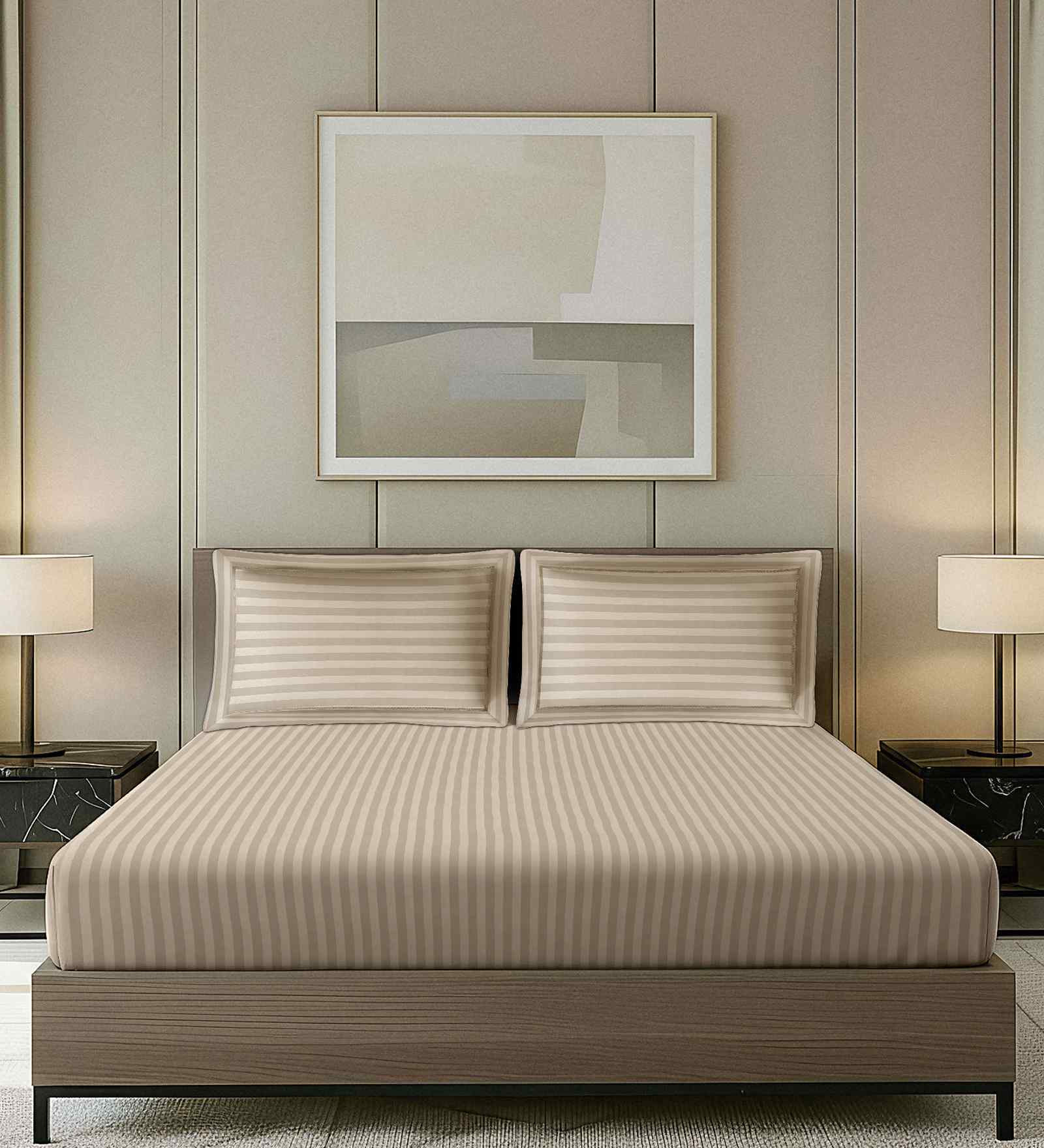 Beige Striped Pattern With Geometric Embroidery 800 TC Cotton King Double Bedsheet With 2 Pillow Covers