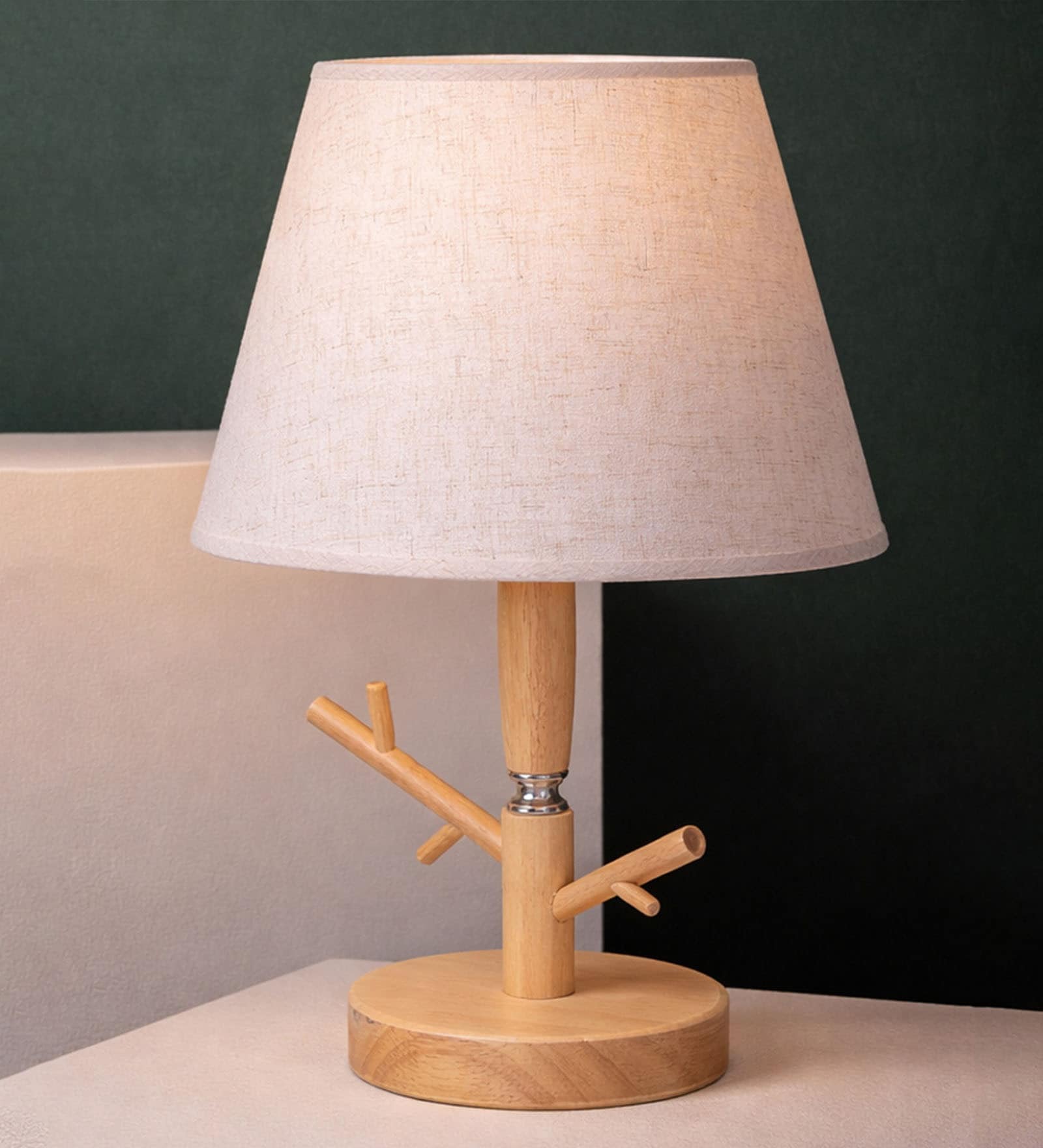 Beige Table Lamp Modern Design   With fabric Textured Lampshade Wooden Base