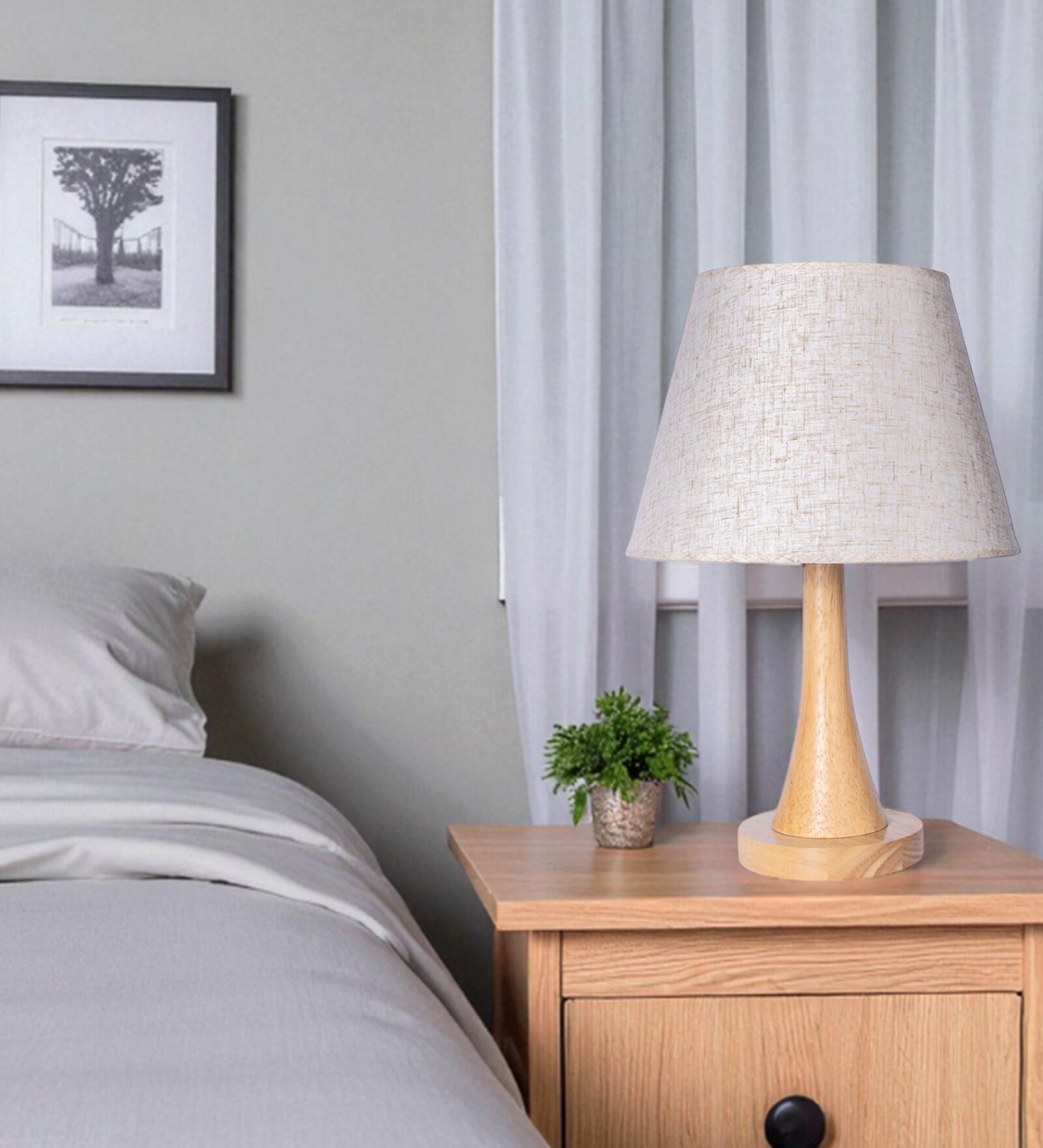 Beige Table Lamp Modern Design With Fabric Textured Lampshade Wooden Base