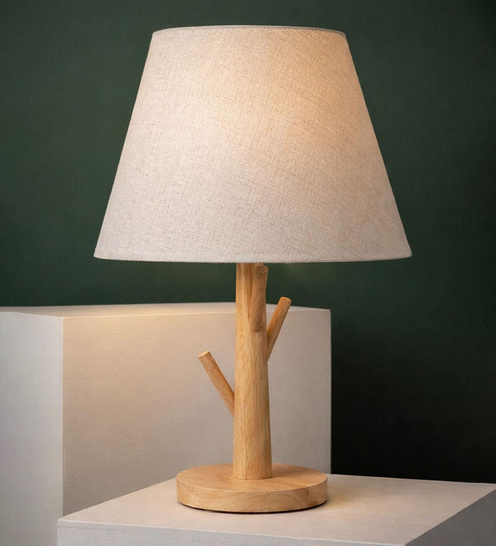 Beige Table Lamp Modern Design With Fabric Textured Lampshade Wooden Base