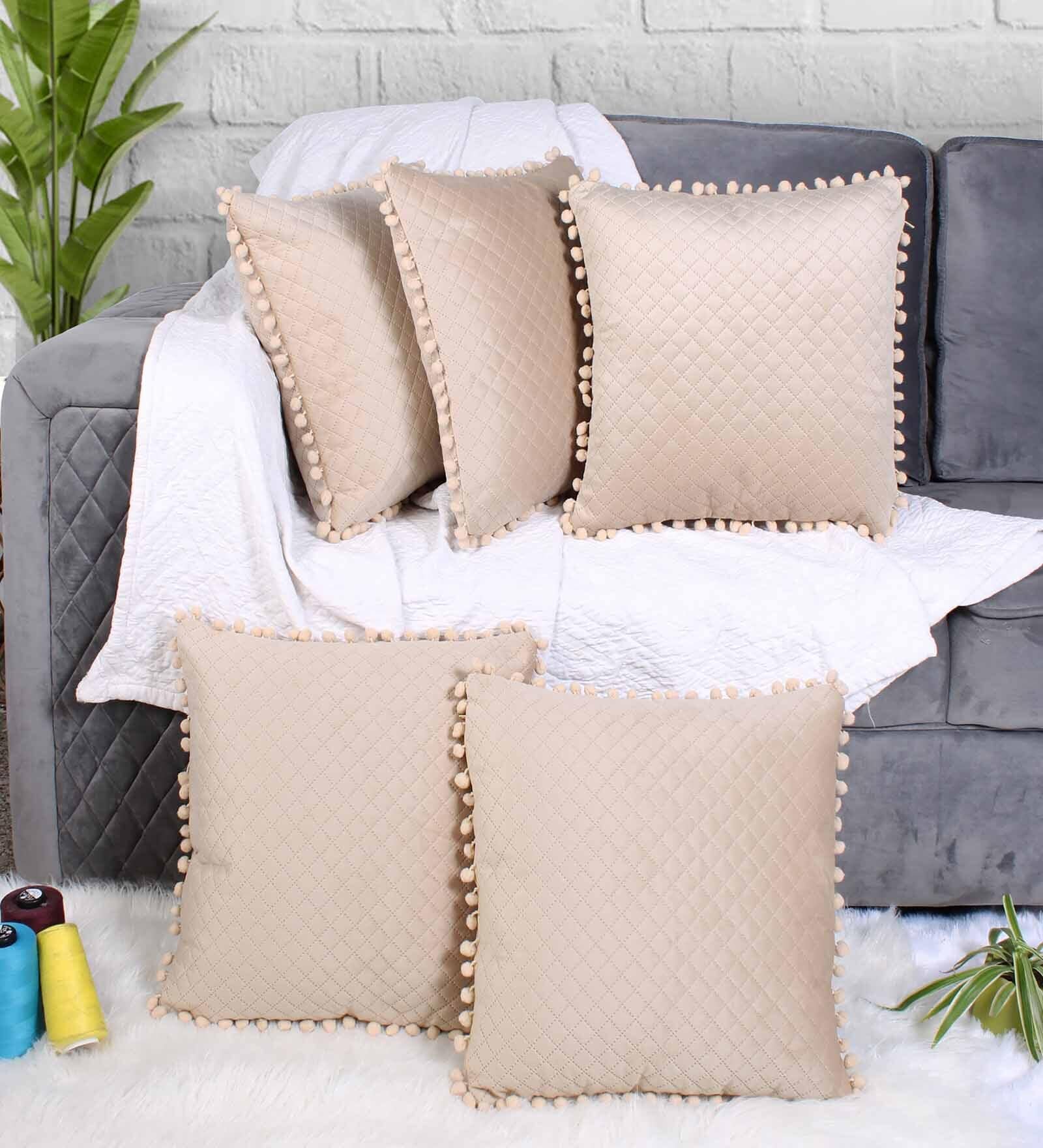 Beige Textured Velvet 16 x 16 Inches Cushion Covers (Set of 5)