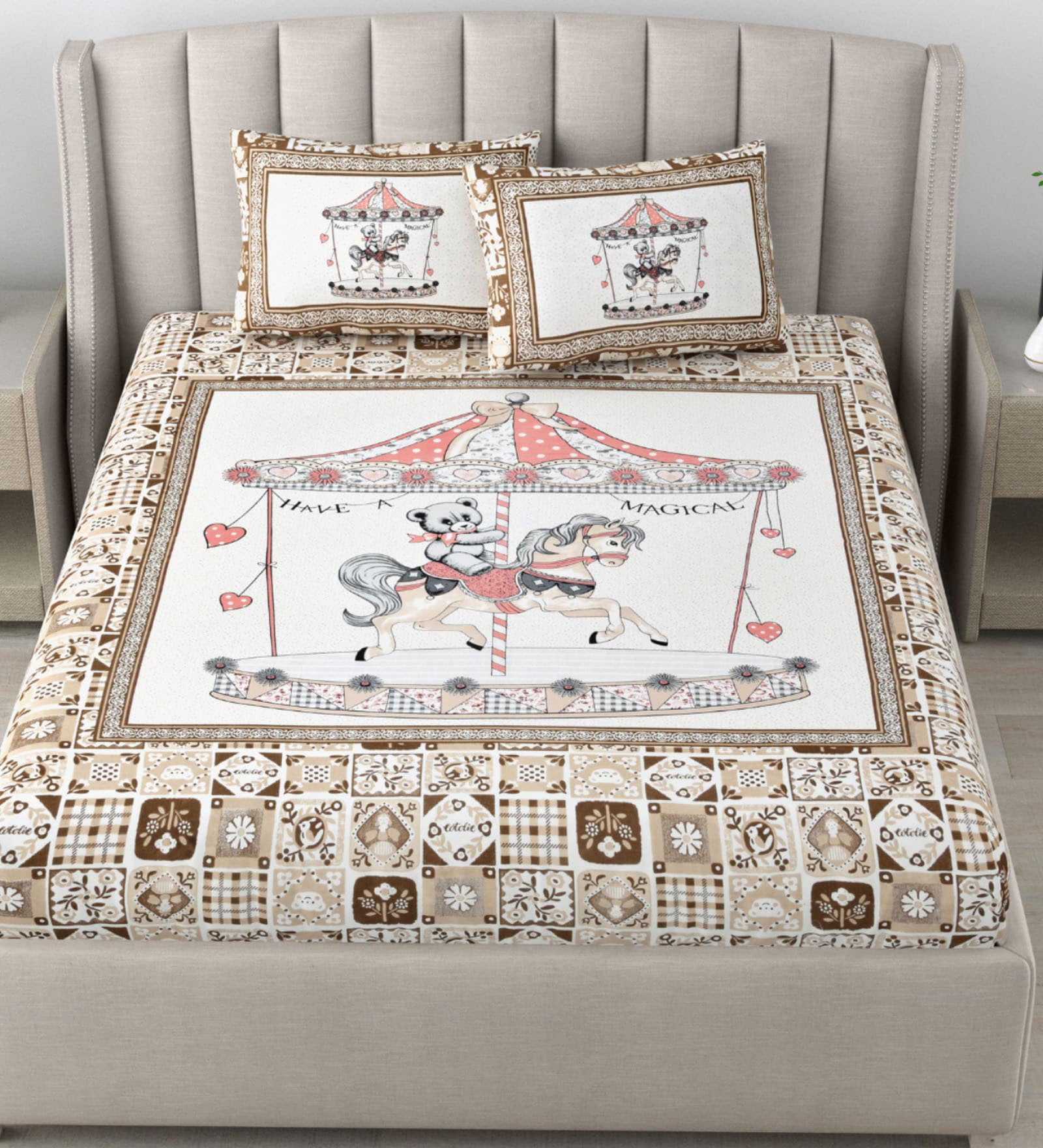 Beige Traditional 180 TC Cotton Printed Bedsheet With Two Pillow Covers For Queen Bed (Designer Printed ,Beige ,153 GSM)