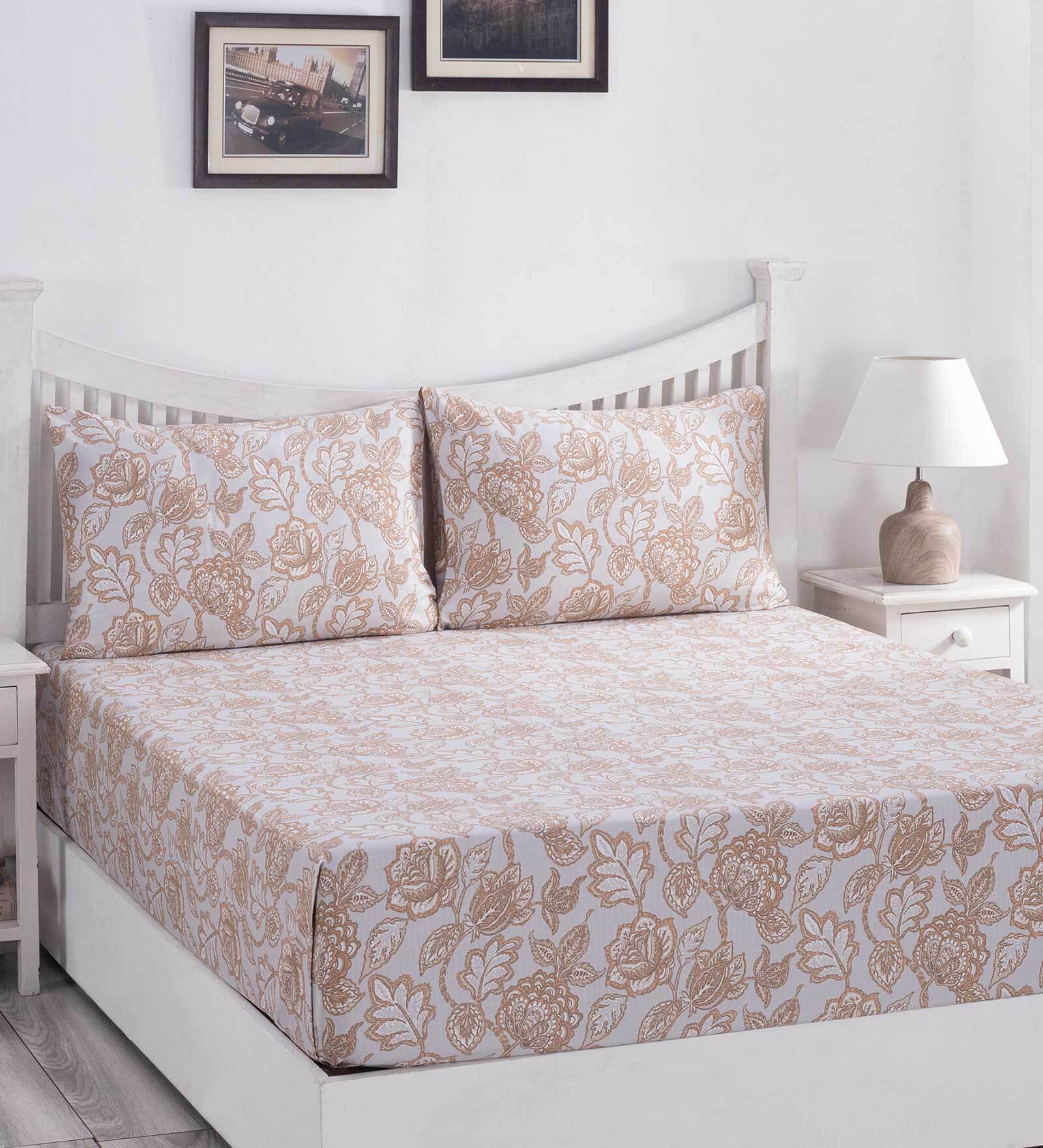 Beige Traditional 210 TC 100% Cotton King Sized Bed Sheets with 2 Pillow Covers