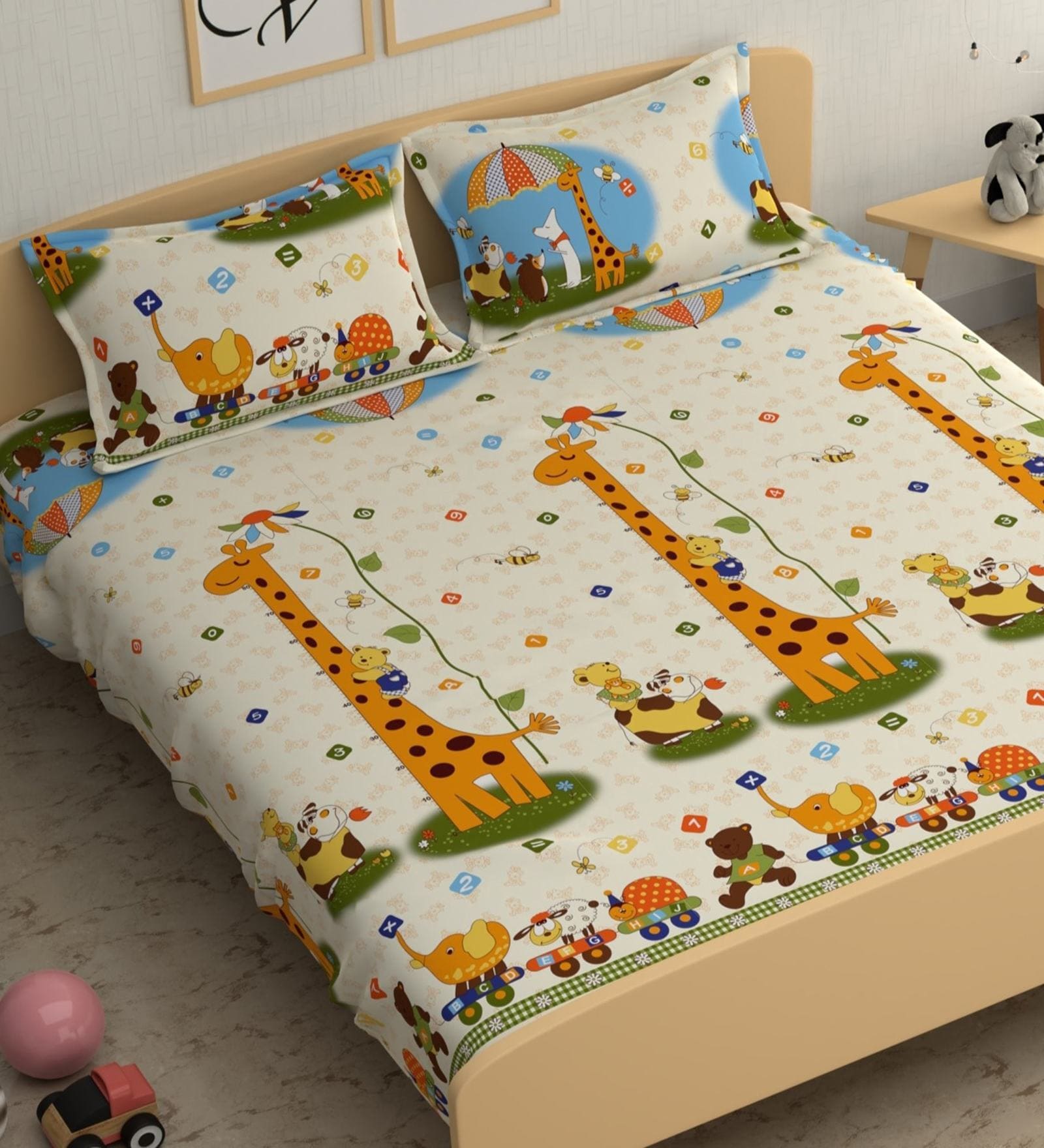 Beige Animal Printed 210 TC Microfiber Kids Double Queen Bedsheet With 2 Pillow Covers