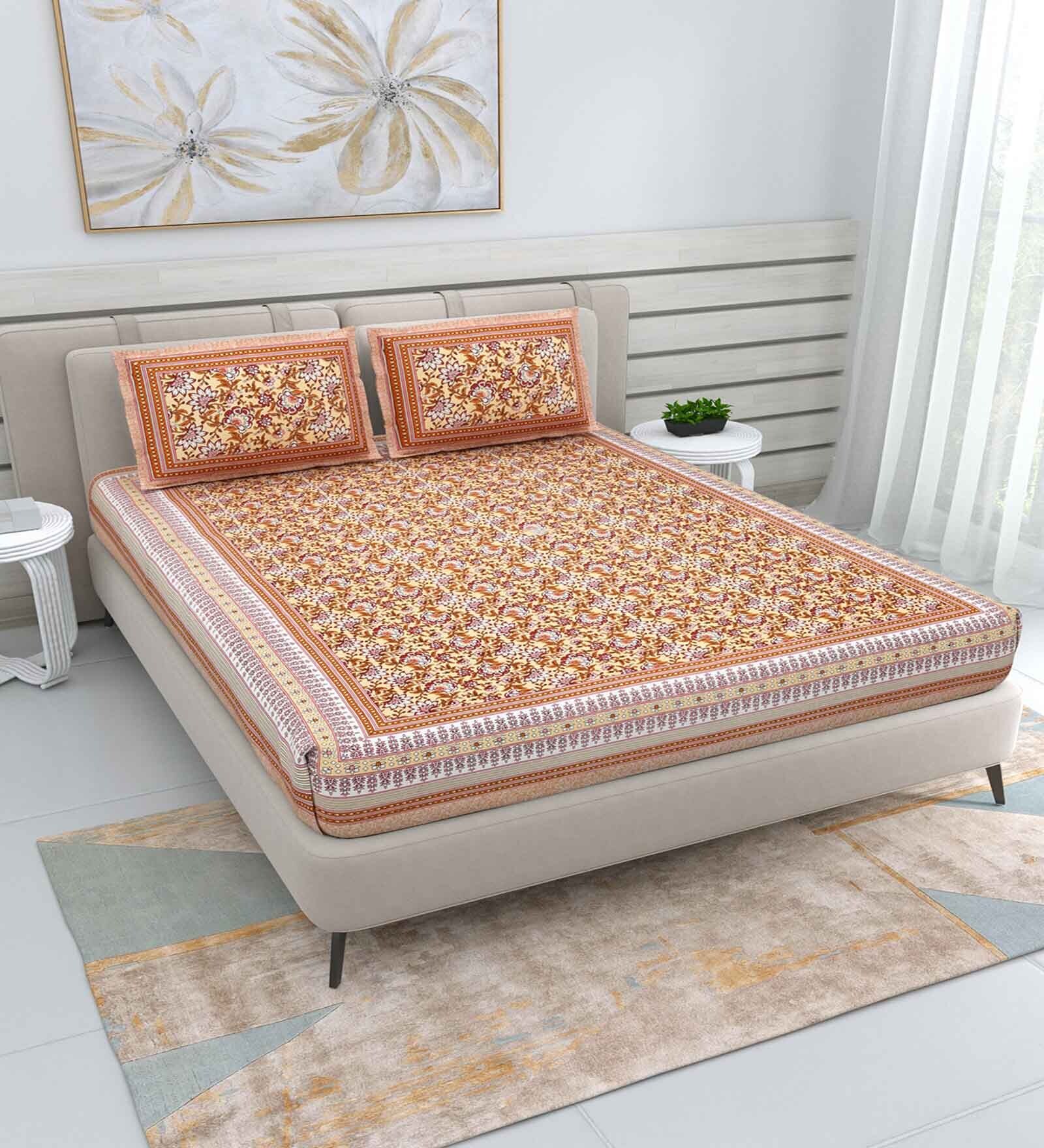 Beige Traditional 220 TC Cotton  Double Queen Bedsheet with 2 Pillow Covers