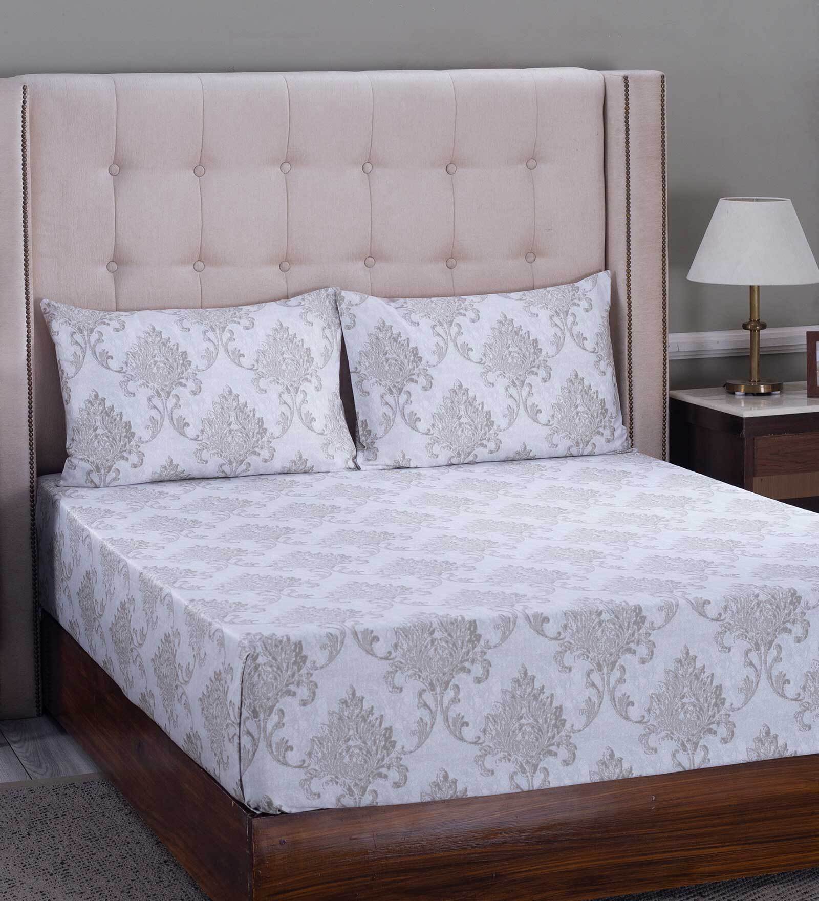 Beige Traditional 400 TC 100% Cotton King Sized Bed Sheets with 2 Pillow Covers