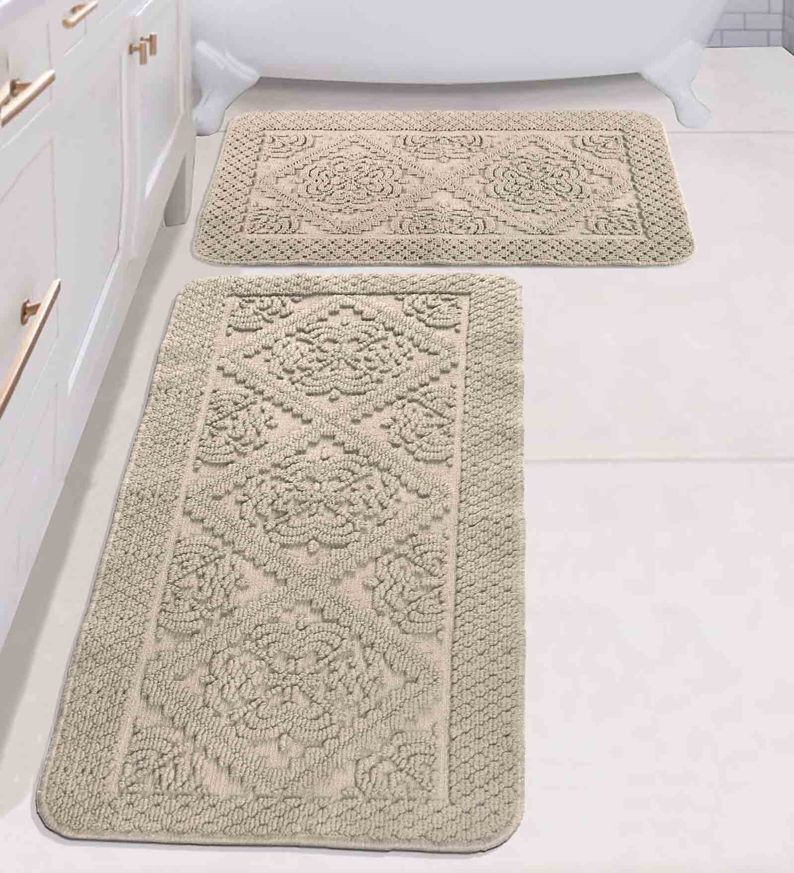 Beige Geometric Cotton 17x25 Inches AntiSkid (Set of 2) Bath Mats