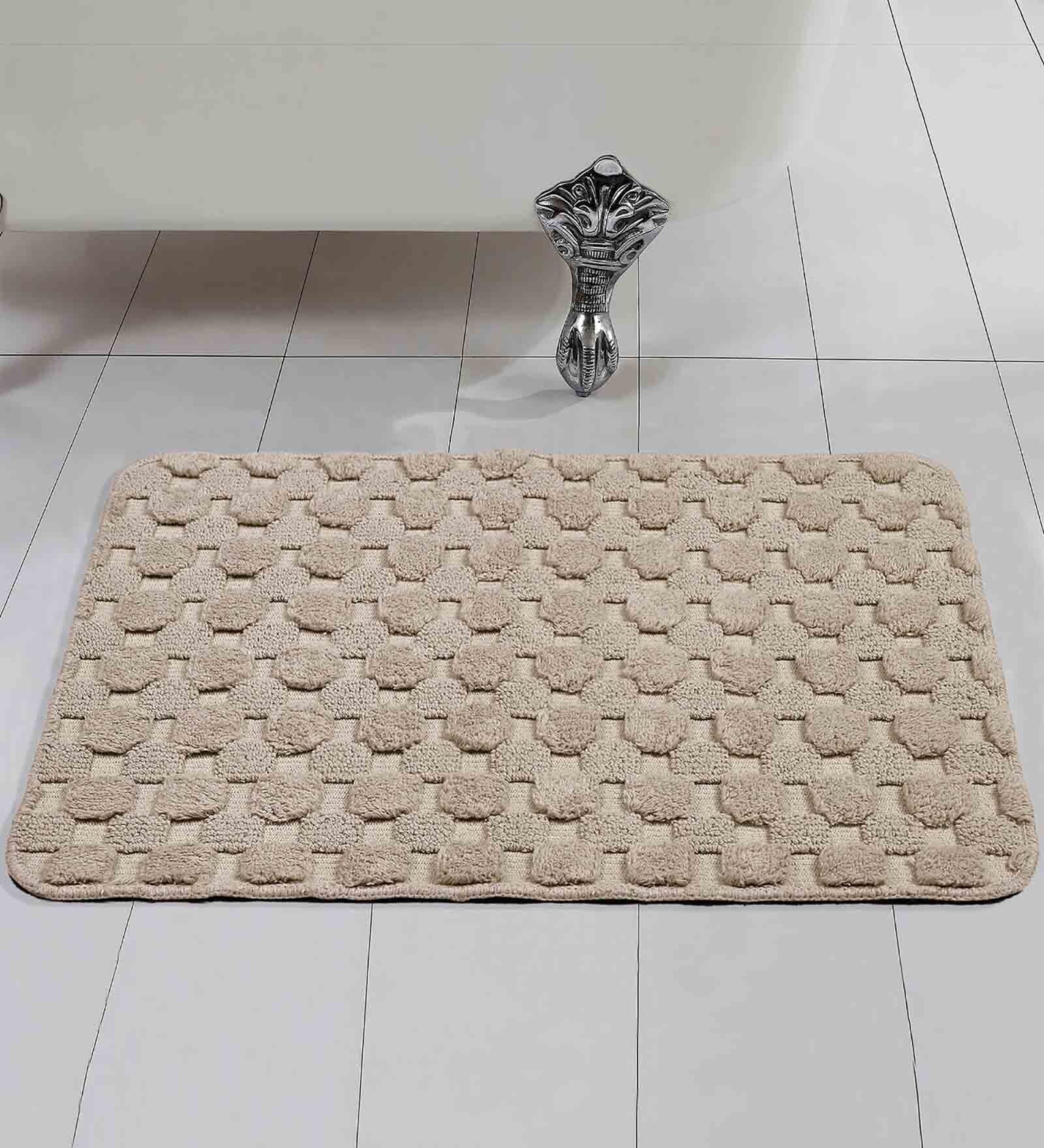 Beige Geometric Cotton 17x25 Inches AntiSkid Bath Mat