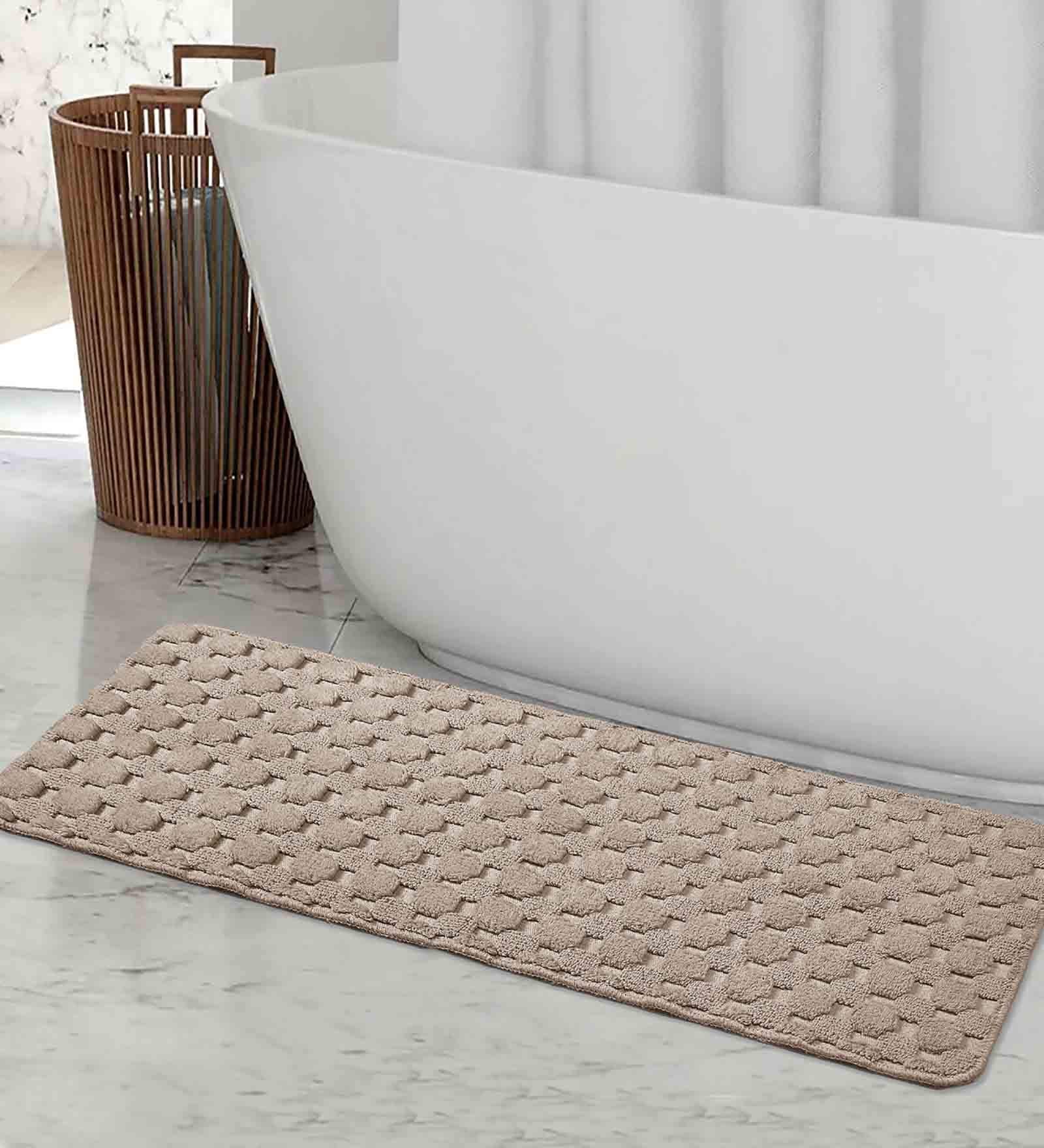 Beige Geometric Cotton 17x39 Inches AntiSkid Bath Mat