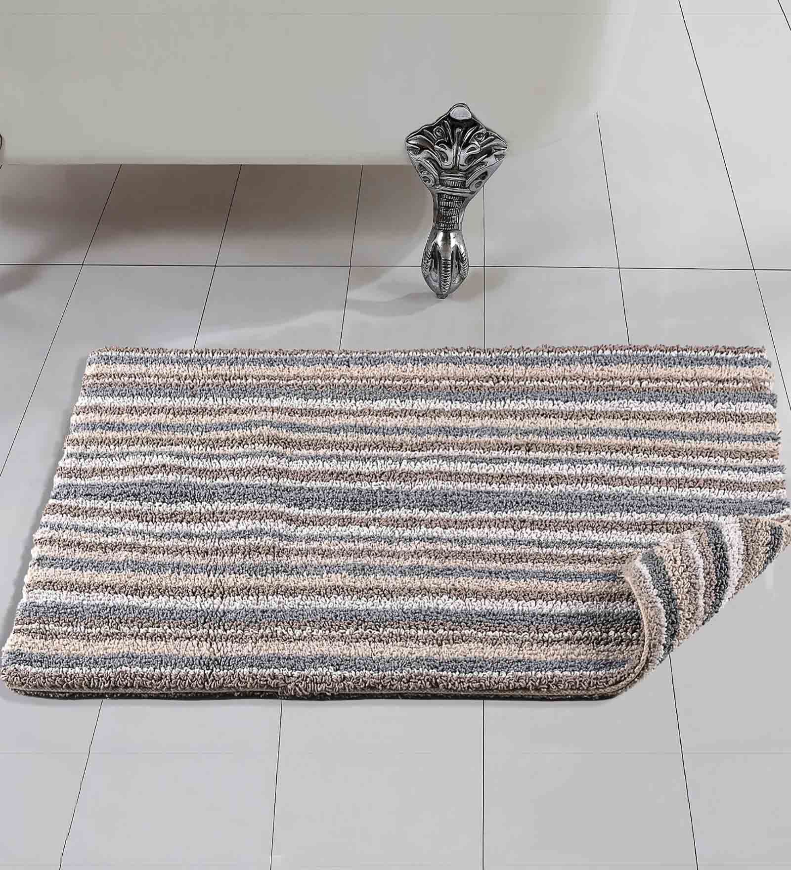Beige Geometric Cotton 19x27 Inches AntiSkid Bath Mat
