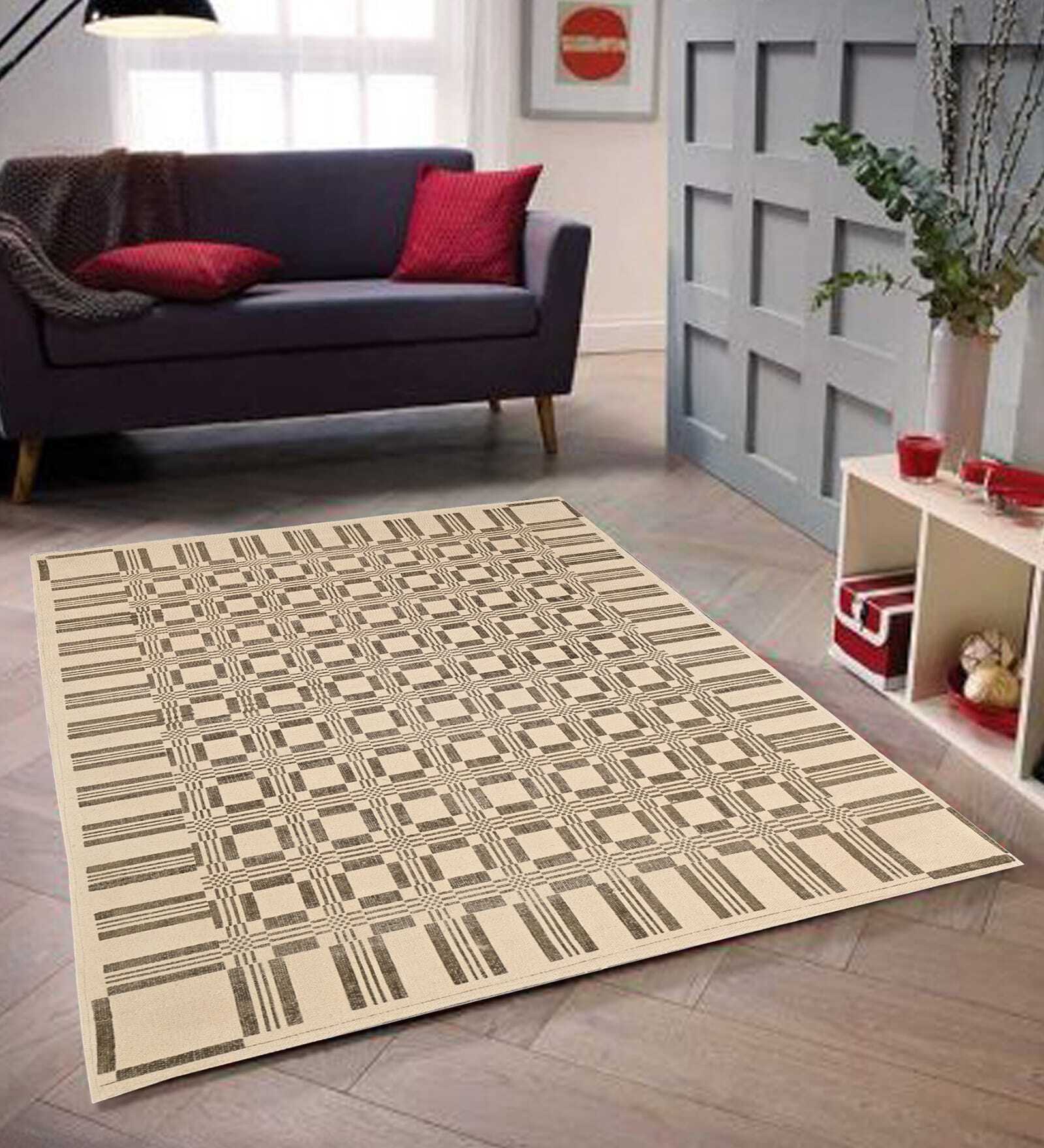 Beige Geometric Cotton 4 Ft X 6 Ft Hand Woven Hand Printed Rug