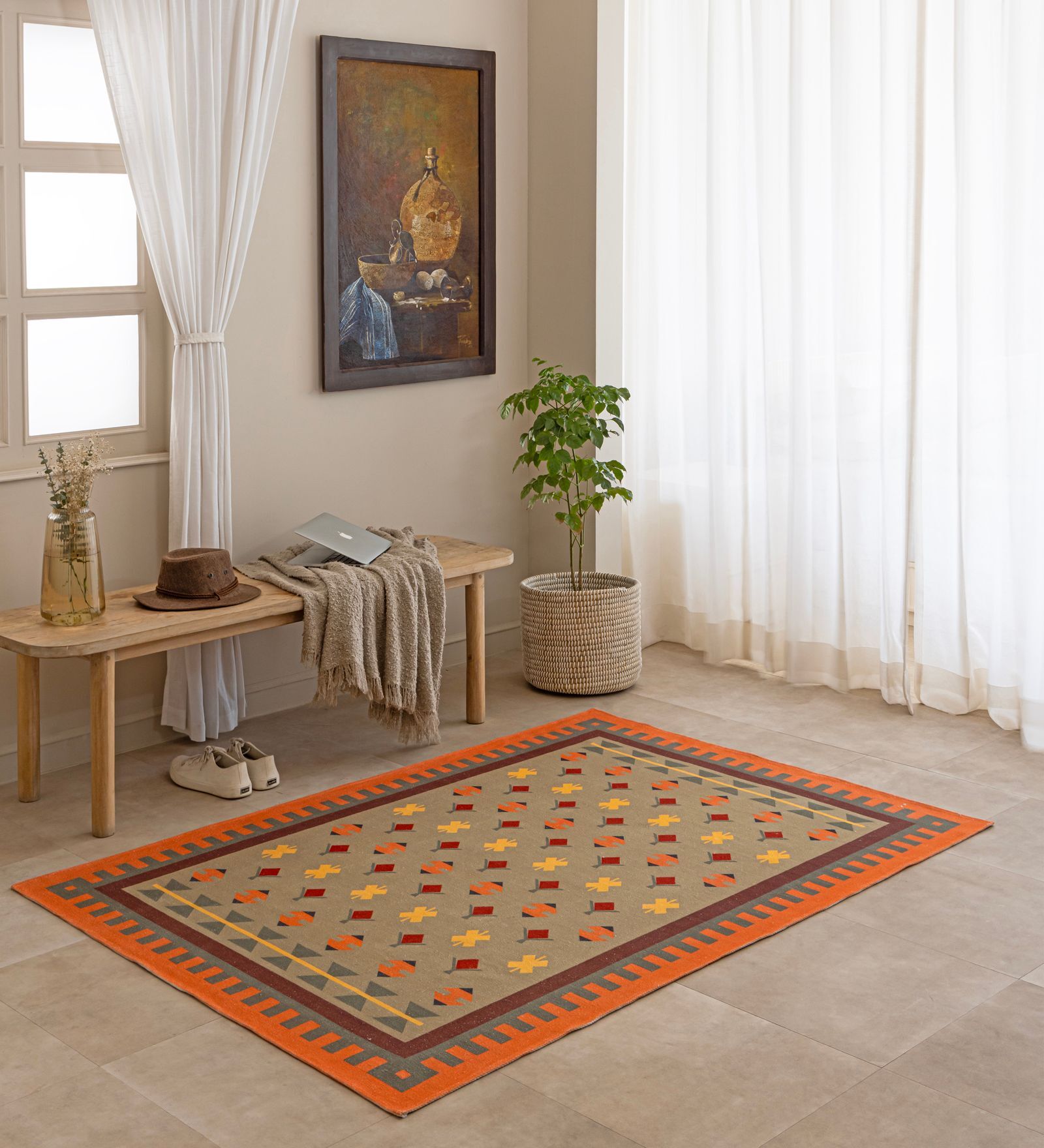 Beige Traditional Hand Woven 6 Ft X 4 Ft  Dhurrie